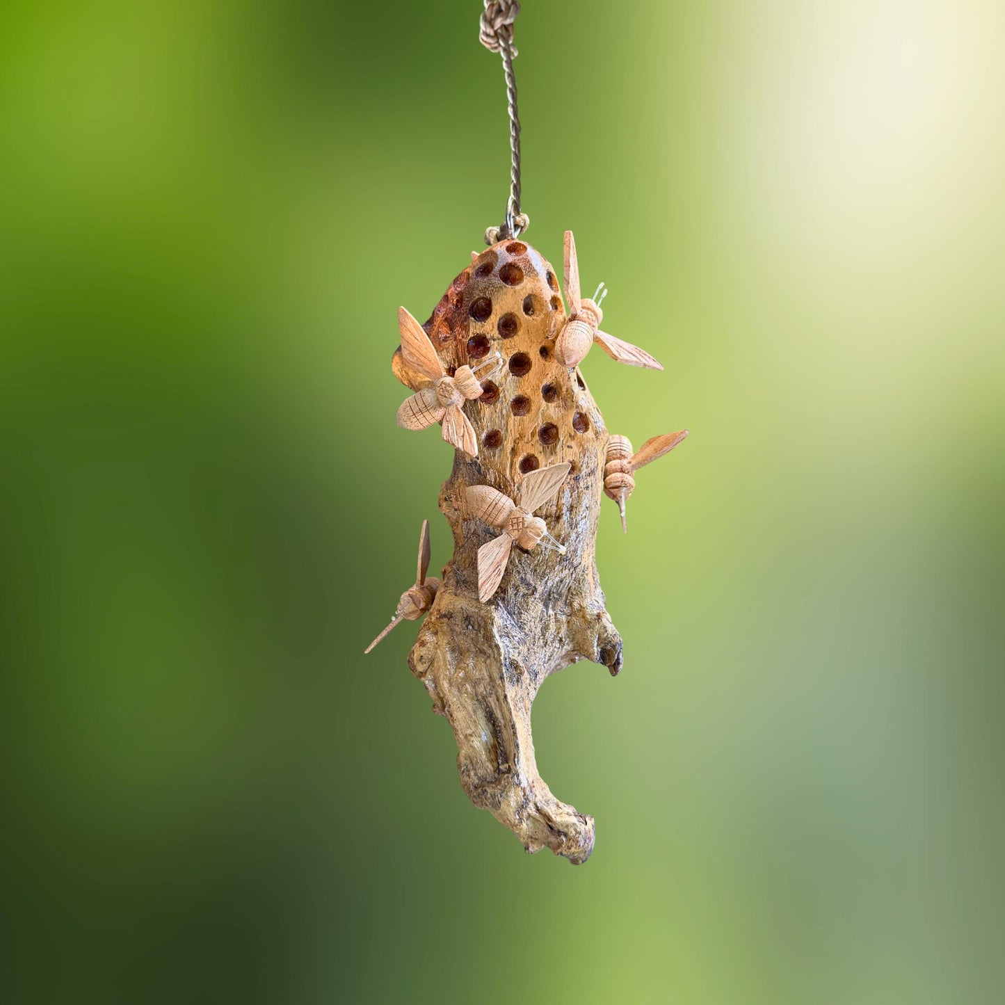 Honey Bee Honeycomb Carved Hanging Mobile - Balinese Parasite Mushroom Wood Honeybee Carving