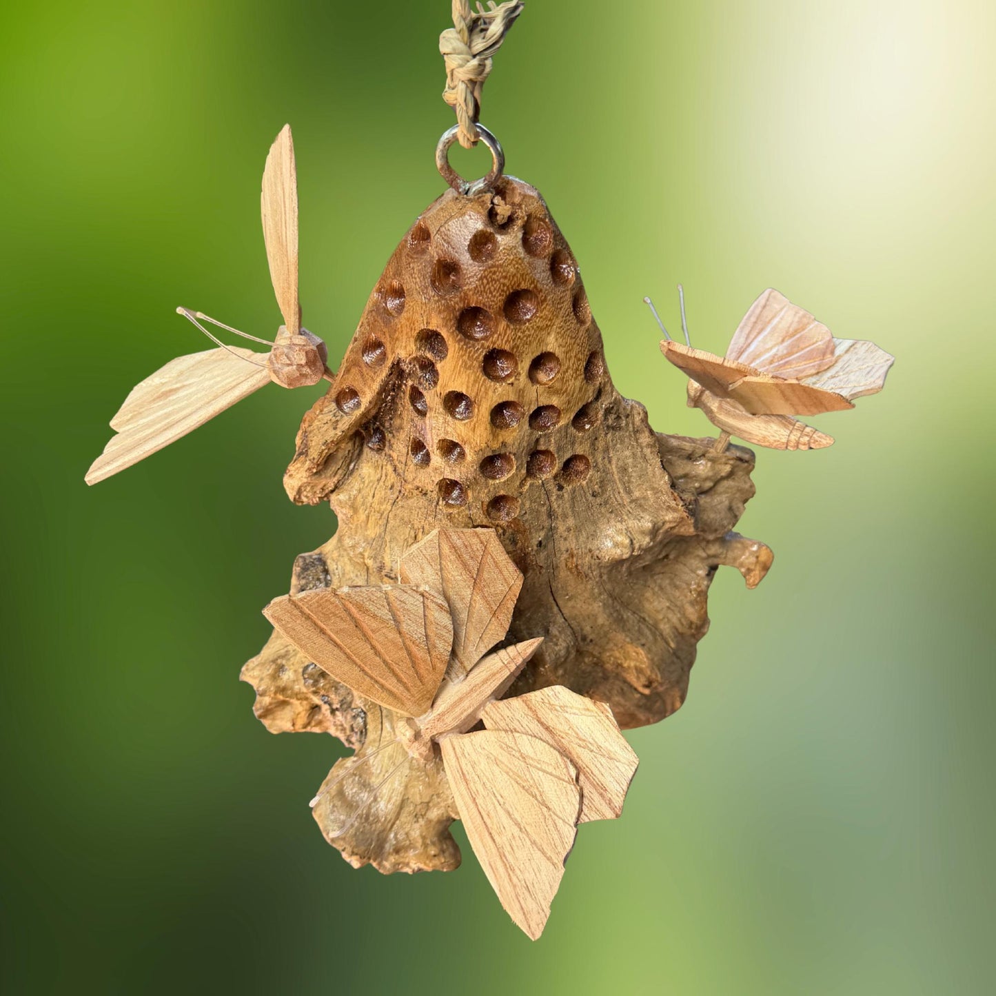 Butterfly Hand Carved Hanging Mobile - Balinese Parasite Mushroom Wood Carving