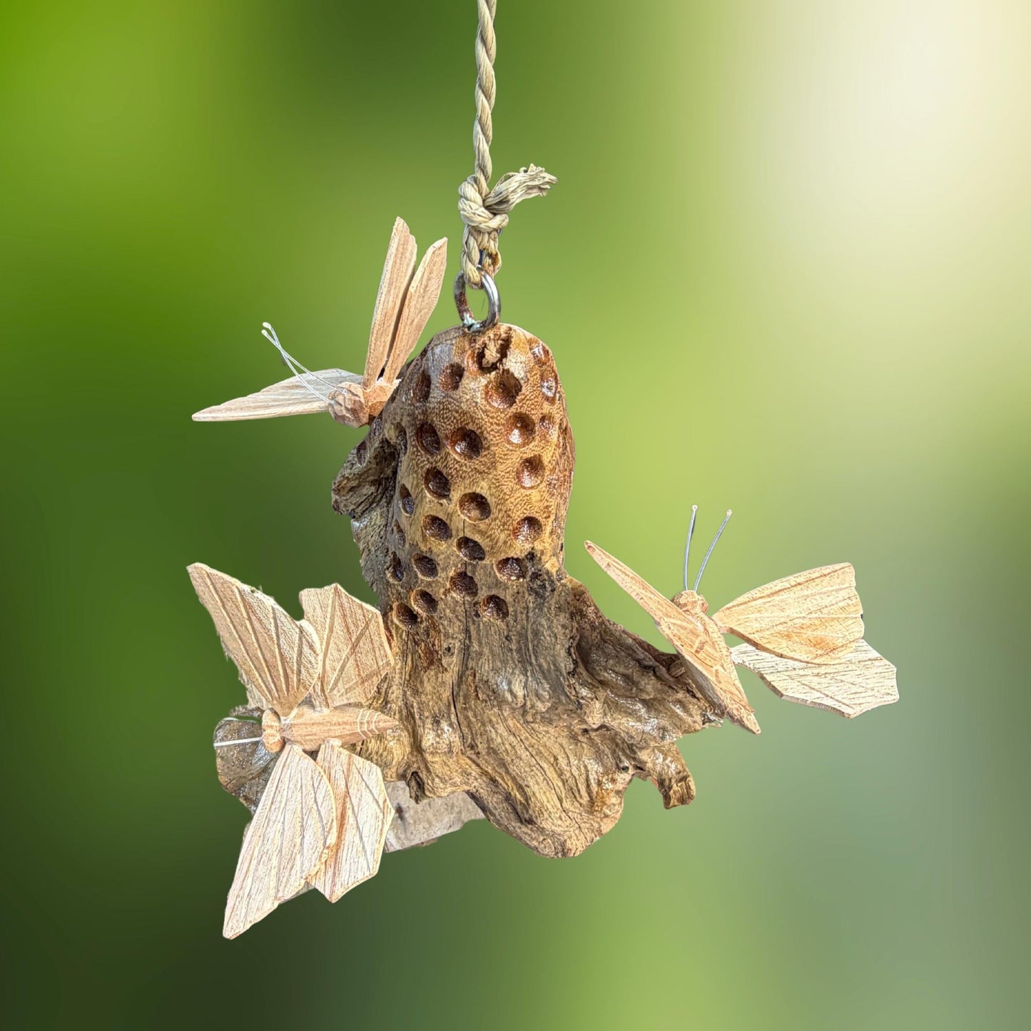 Butterfly Hand Carved Hanging Mobile - Balinese Parasite Mushroom Wood Carving