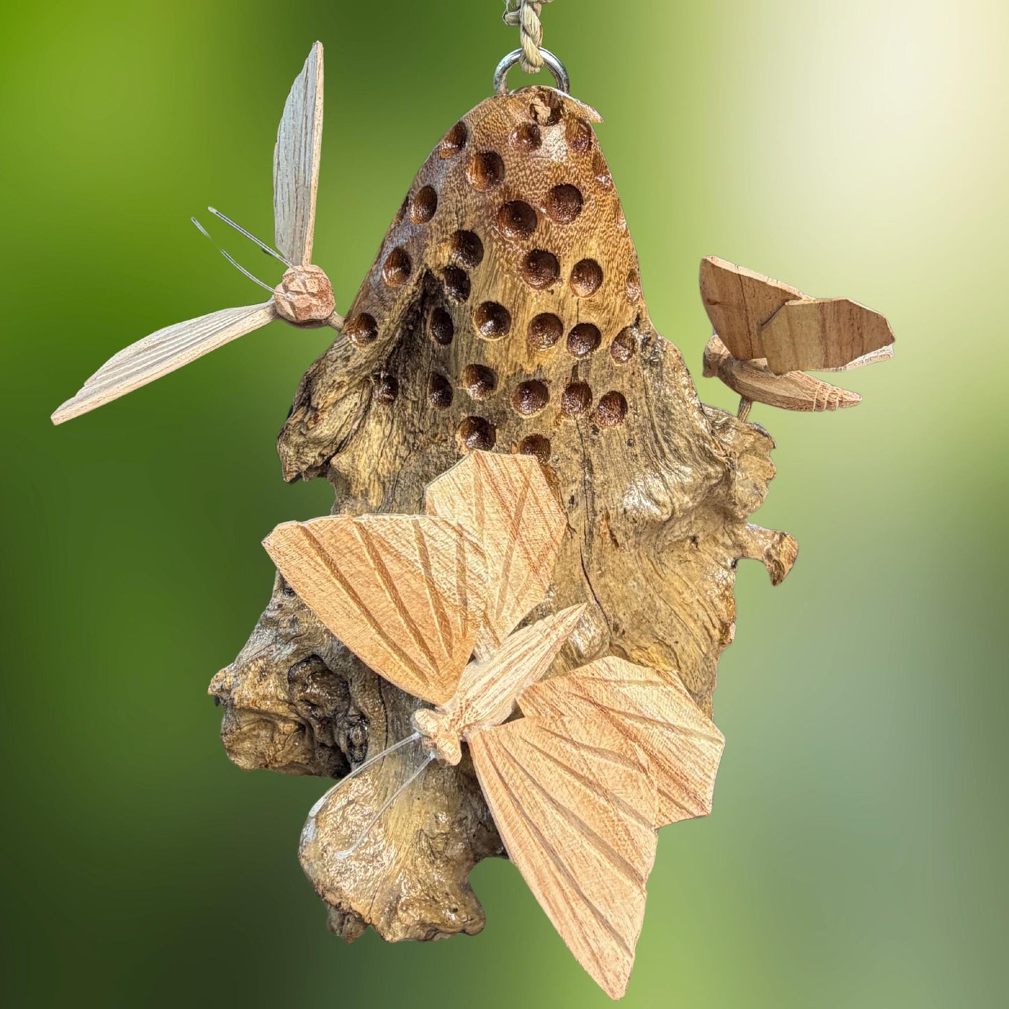 Butterfly Hand Carved Hanging Mobile - Balinese Parasite Mushroom Wood Carving