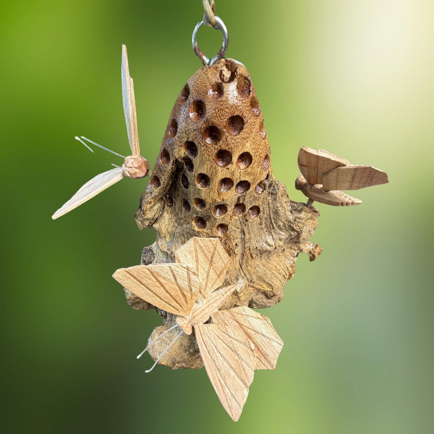 Butterfly Hand Carved Hanging Mobile - Balinese Parasite Mushroom Wood Carving