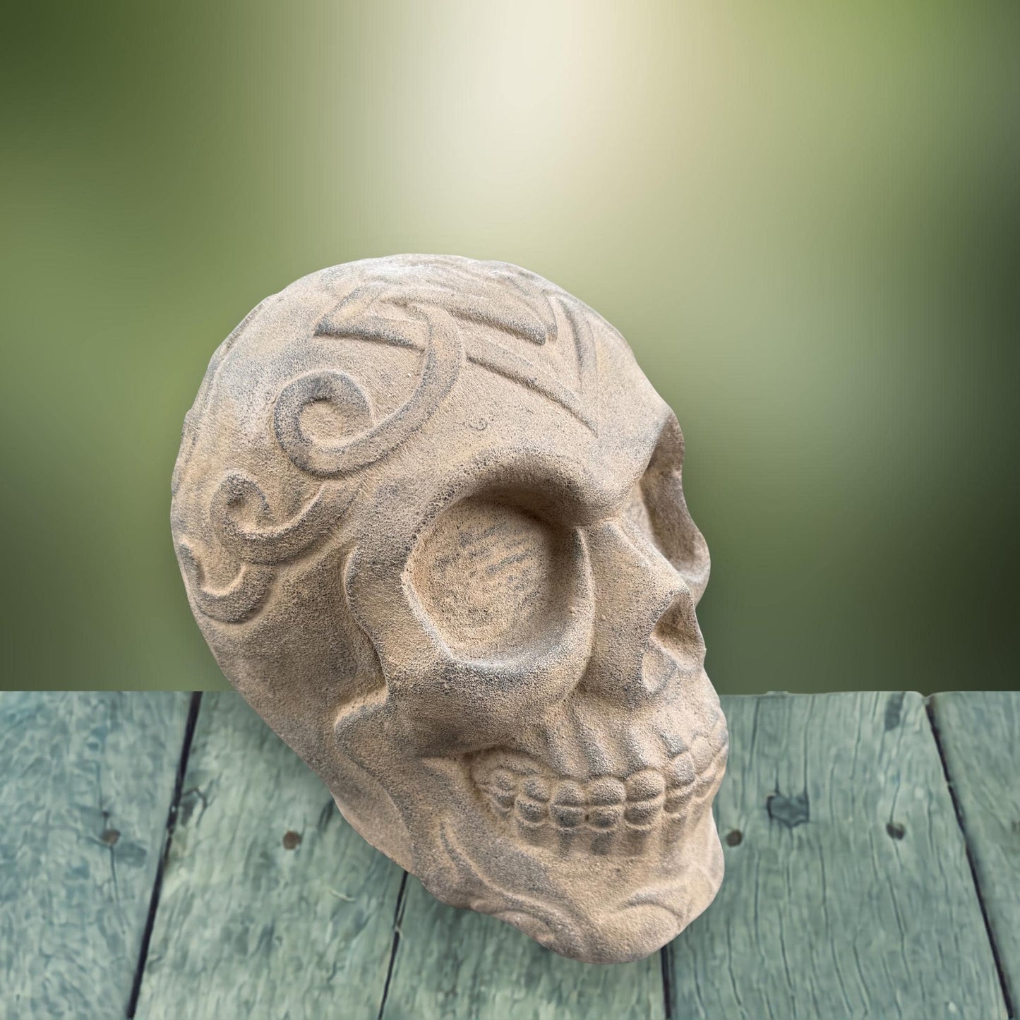 Celtic Human Skull Replica: Cast Stone Gothic Garden Statue - Spooky Season Decor