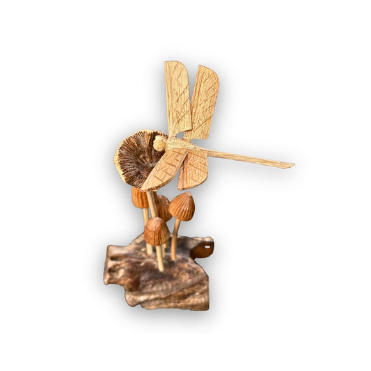 Forest Mushroom Dragonfly Carving | Handmade Balinese Art Sculpture | Unique Woodland Decor & Cottagecore Accent - Acadia World Traders