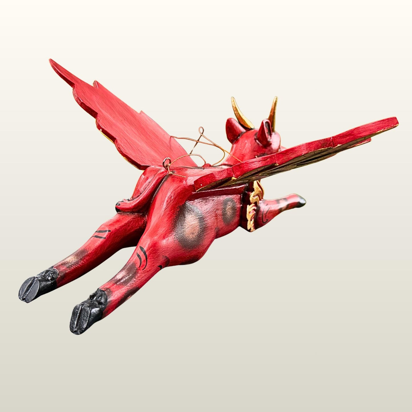 Flying Red Bull Balinese Spirit Chaser Mobile: Hand-Carved Wood Boho Decor, Folk Art