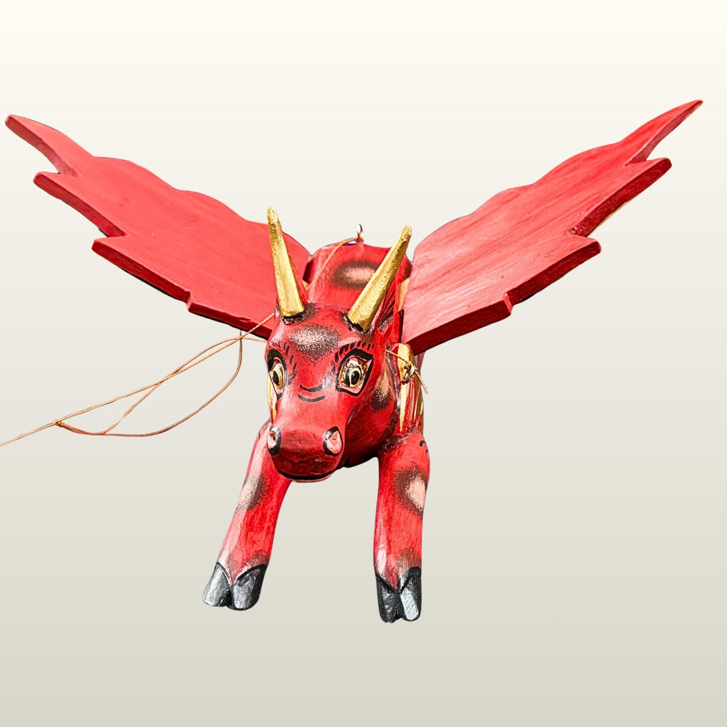Flying Red Bull Balinese Spirit Chaser Mobile: Hand-Carved Wood Boho Decor, Folk Art