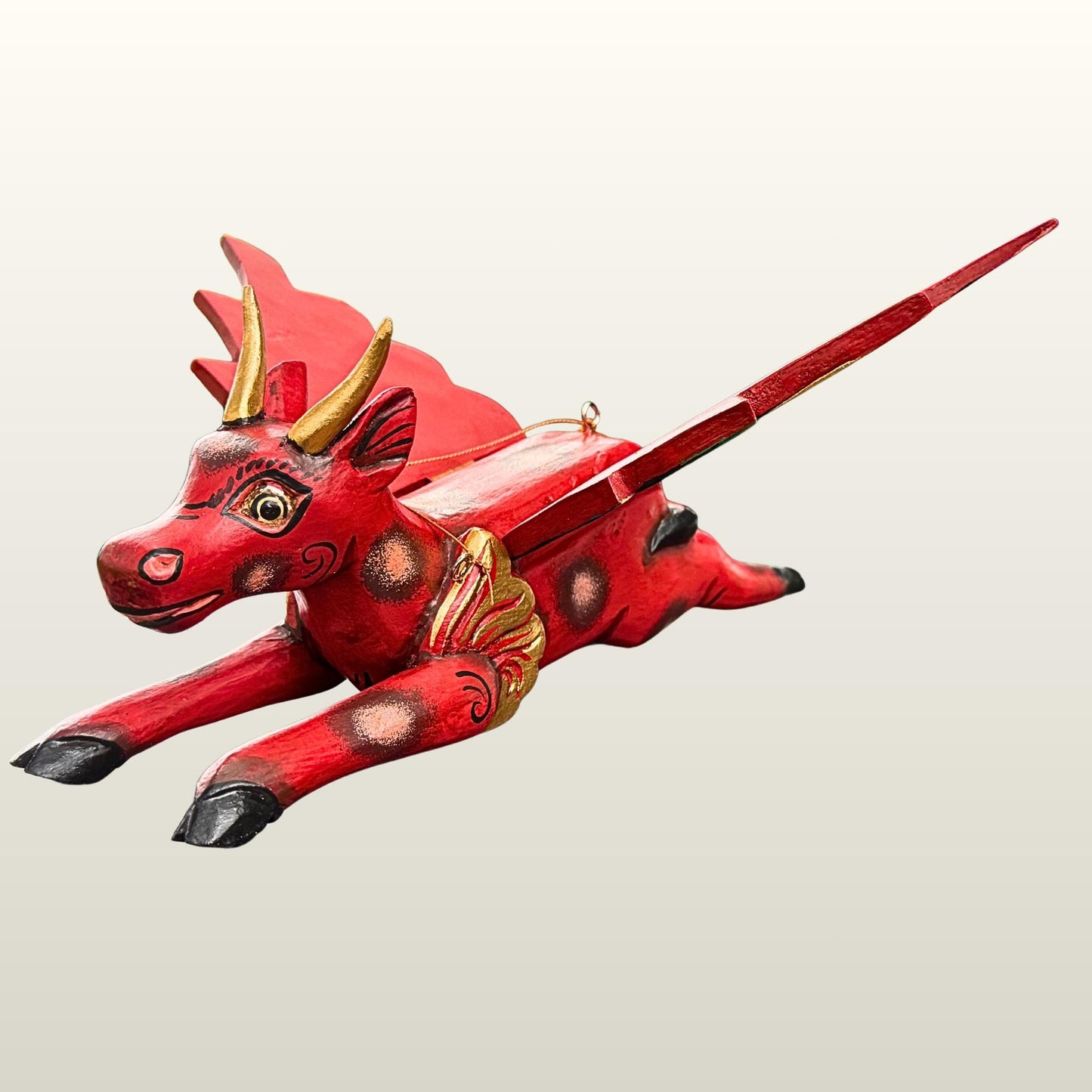Flying Red Bull Balinese Spirit Chaser Mobile: Hand-Carved Wood Boho Decor, Folk Art