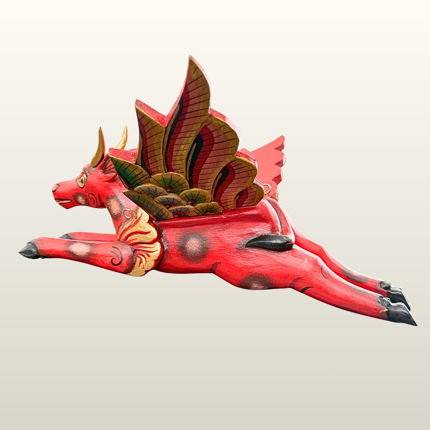 Flying Red Bull Balinese Spirit Chaser Mobile: Hand-Carved Wood Boho Decor, Folk Art