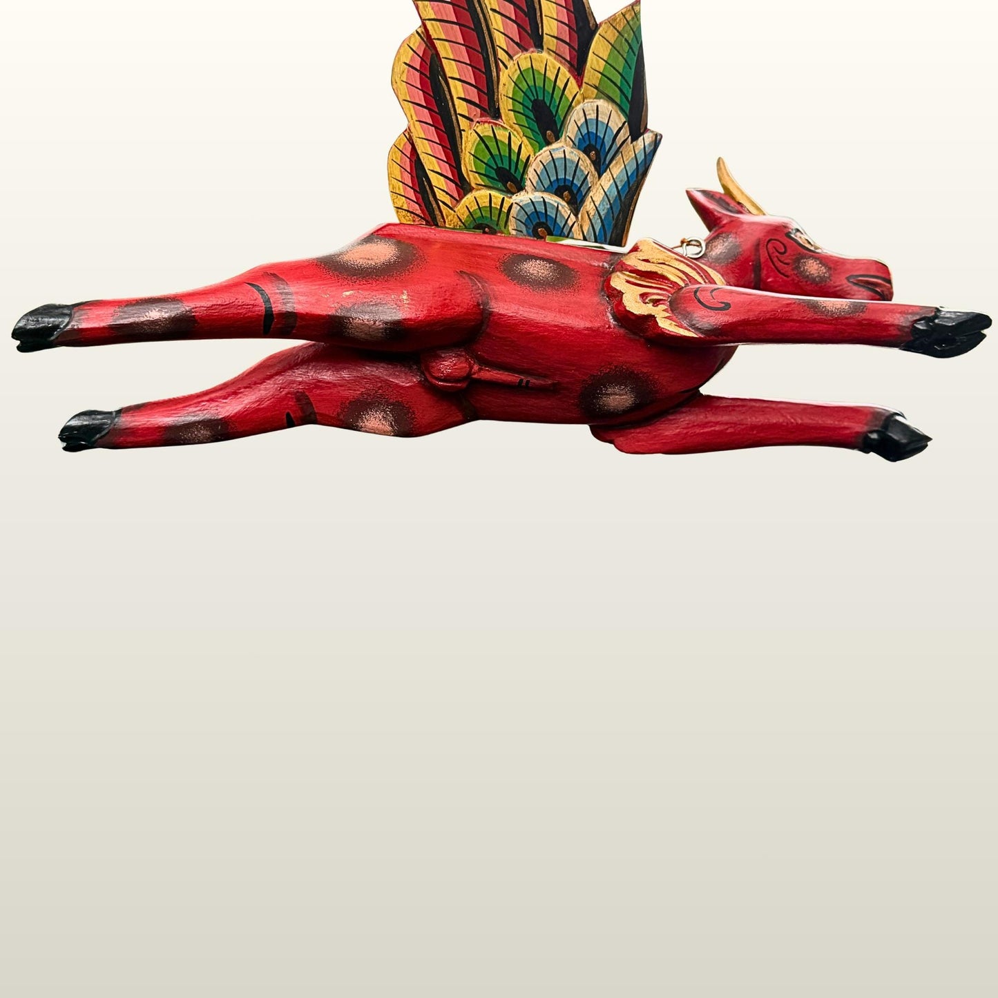 Flying Red Bull Balinese Spirit Chaser Mobile: Hand-Carved Wood Boho Decor, Folk Art