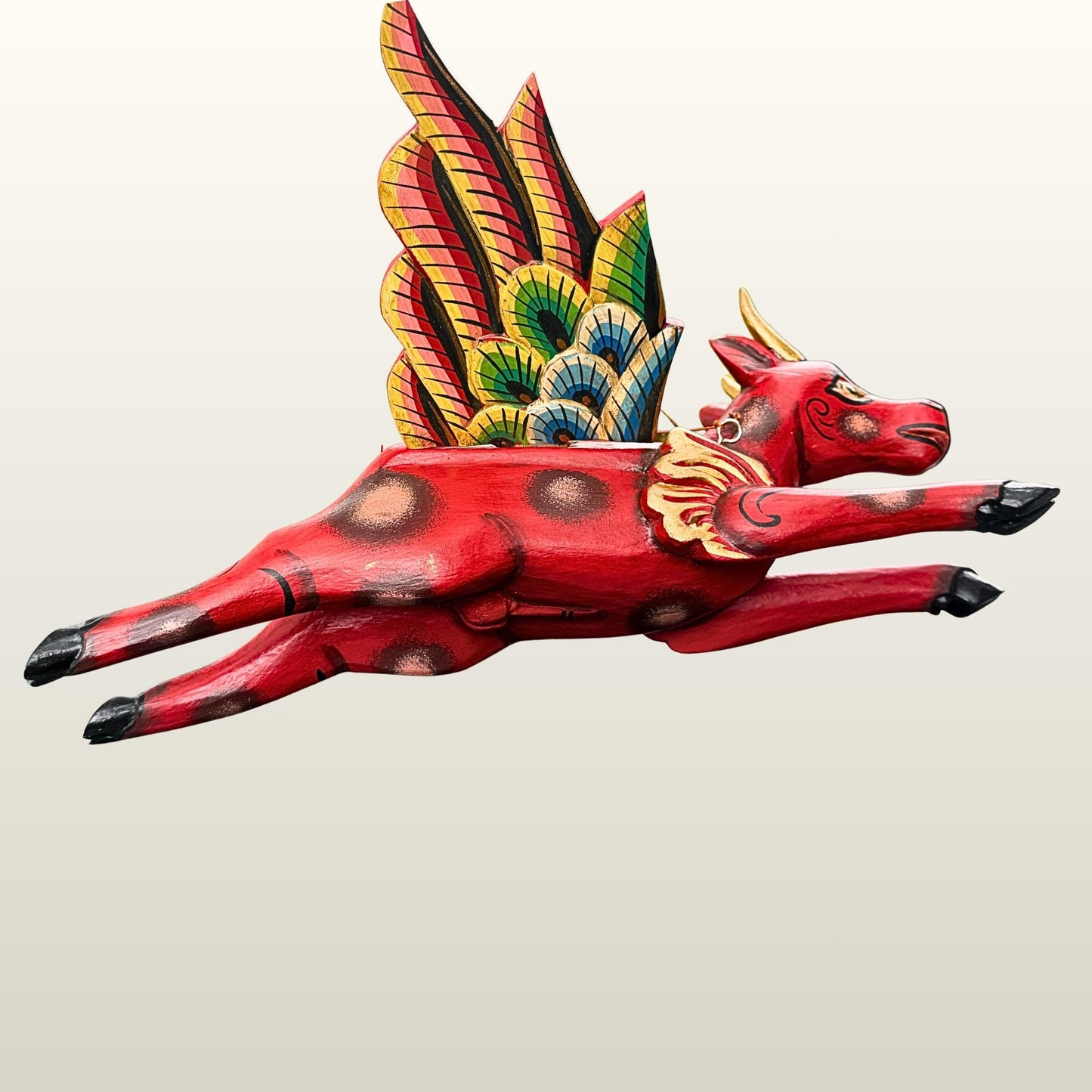 Flying Red Bull Balinese Spirit Chaser Mobile: Hand-Carved Wood Boho Decor, Folk Art