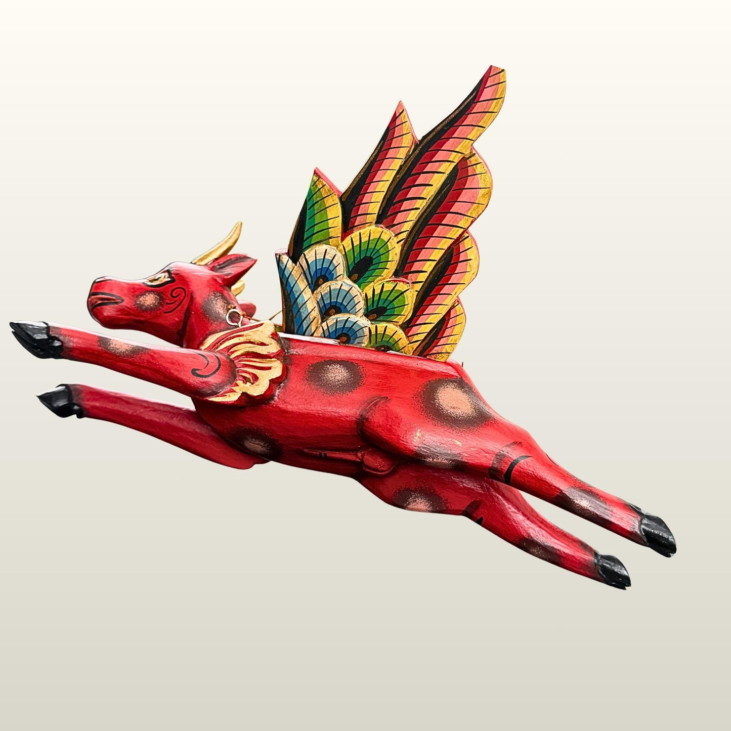 Flying Red Bull Balinese Spirit Chaser Mobile: Hand-Carved Wood Boho Decor, Folk Art