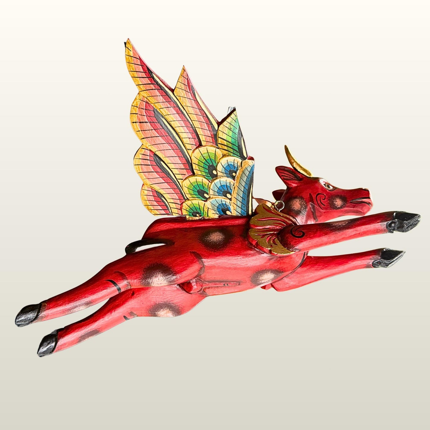 Flying Red Bull Balinese Spirit Chaser Mobile: Hand-Carved Wood Boho Decor, Folk Art