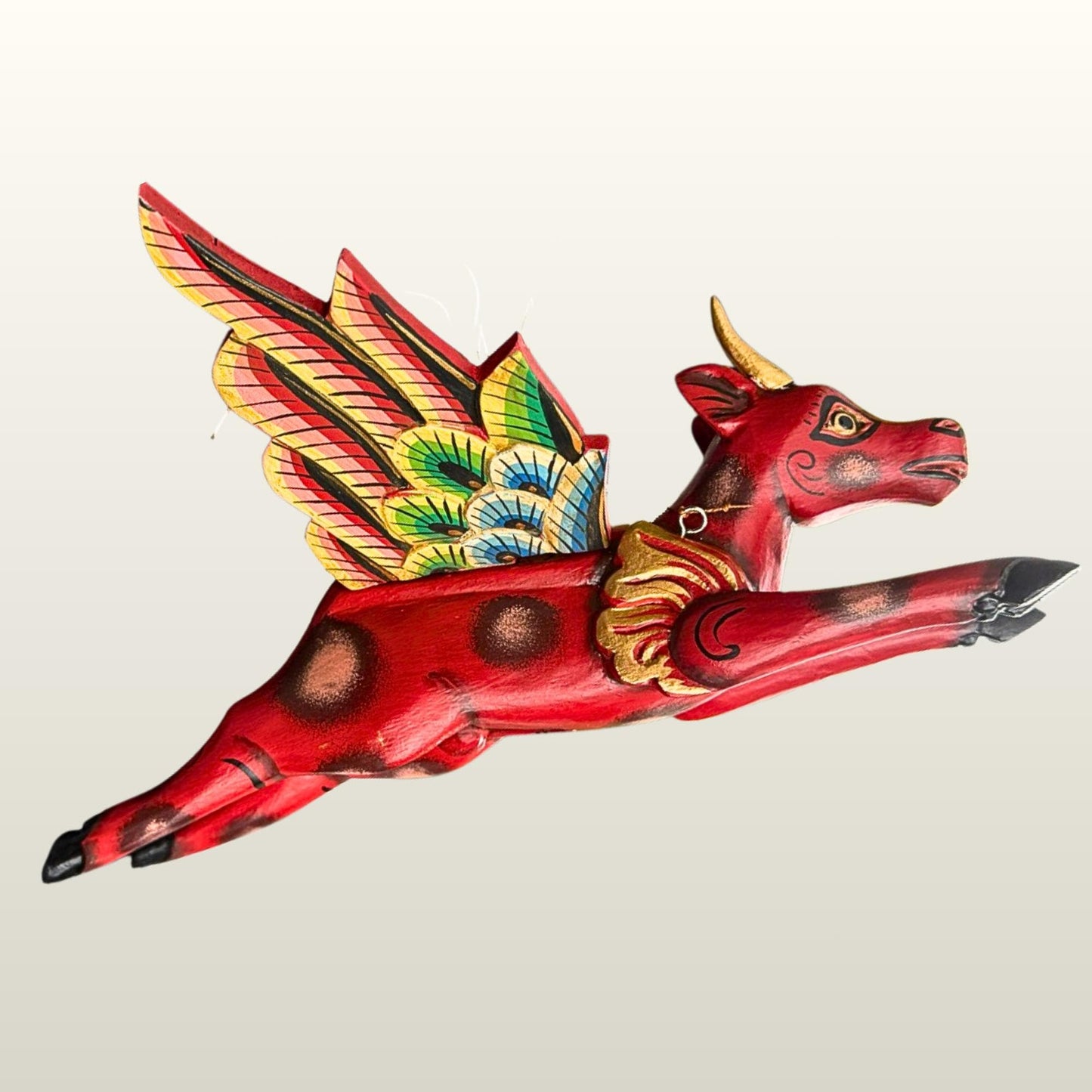 Flying Red Bull Balinese Spirit Chaser Mobile: Hand-Carved Wood Boho Decor, Folk Art