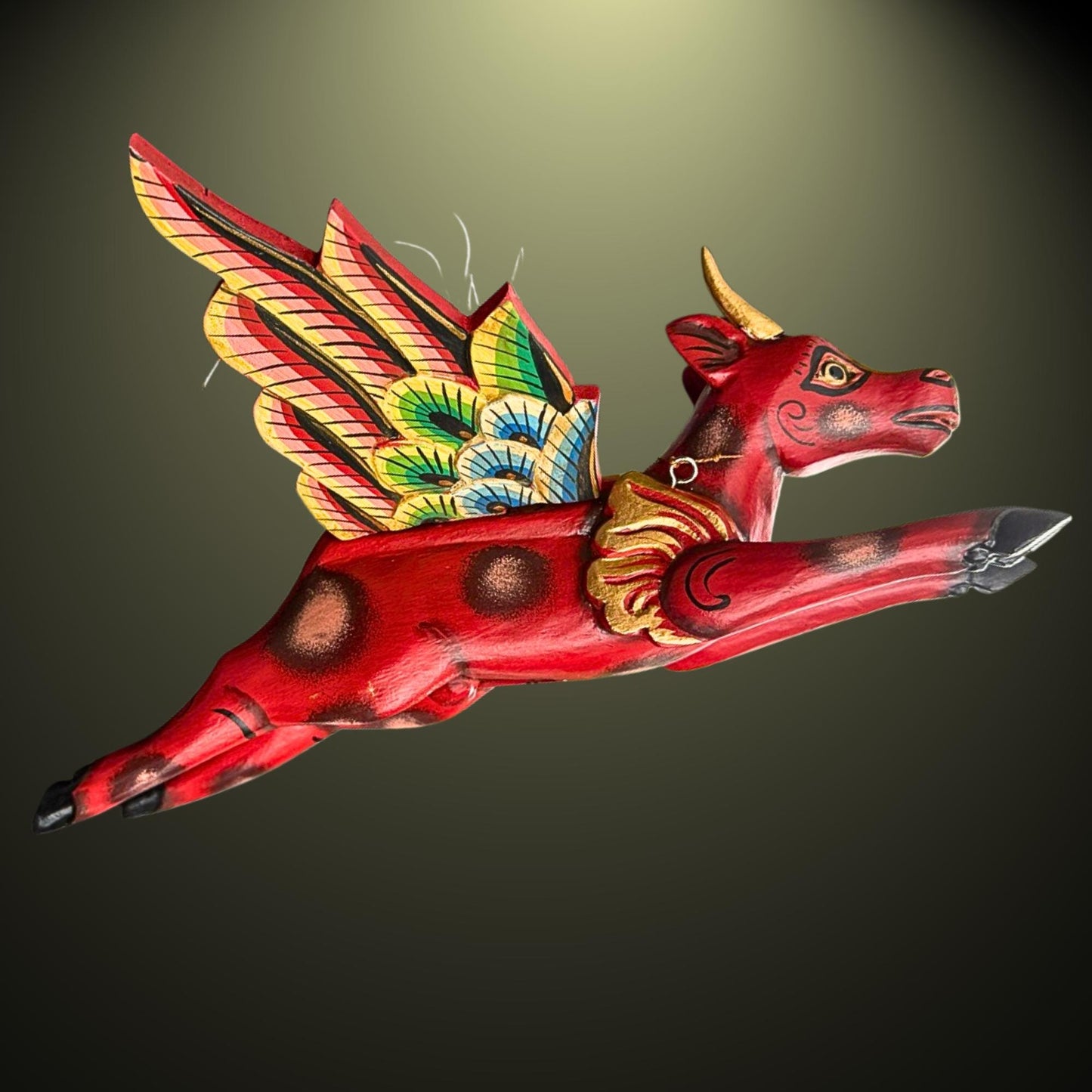 Flying Red Bull Balinese Spirit Chaser Mobile: Hand-Carved Wood Boho Decor, Folk Art