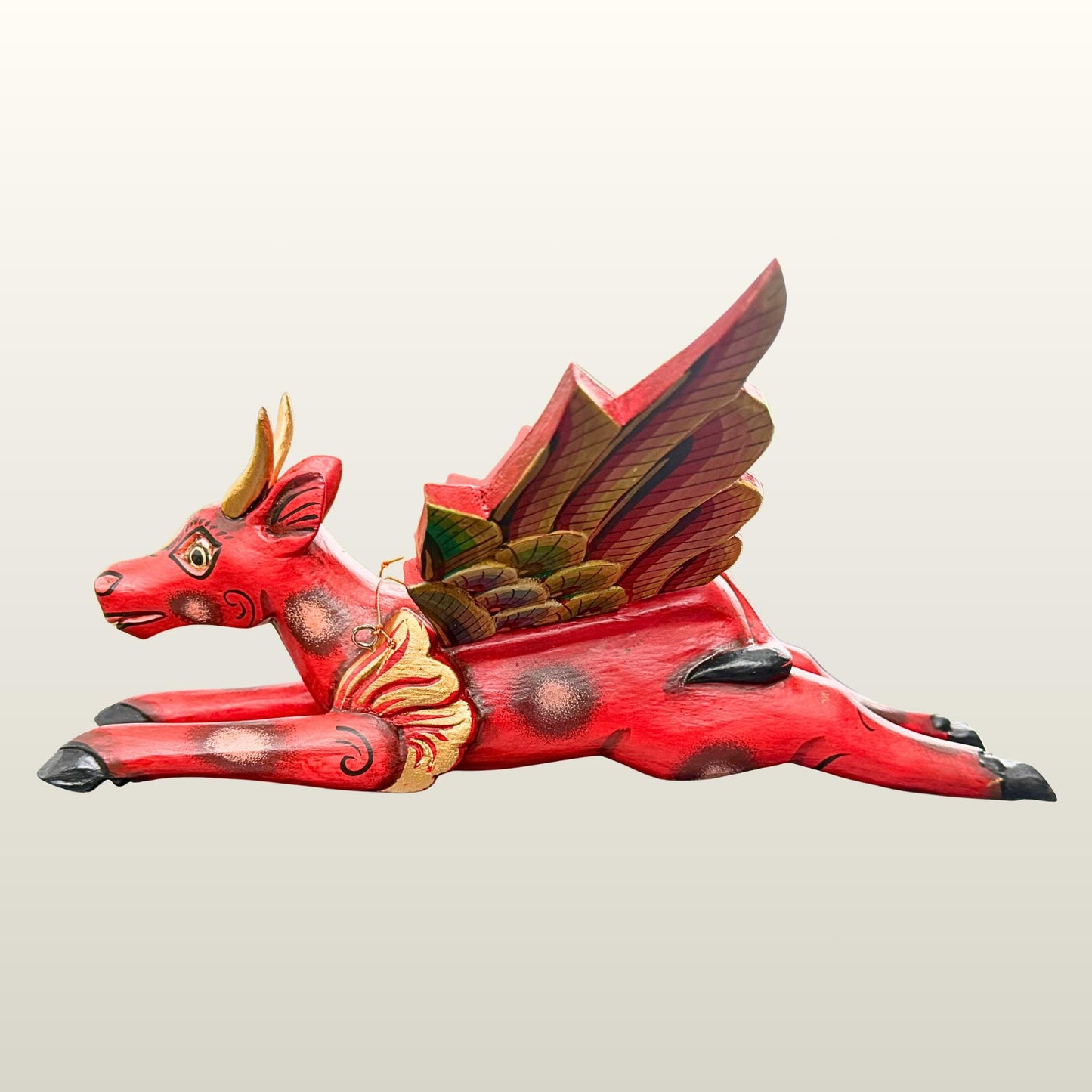 Flying Red Bull Balinese Spirit Chaser Mobile: Hand-Carved Wood Boho Decor, Folk Art