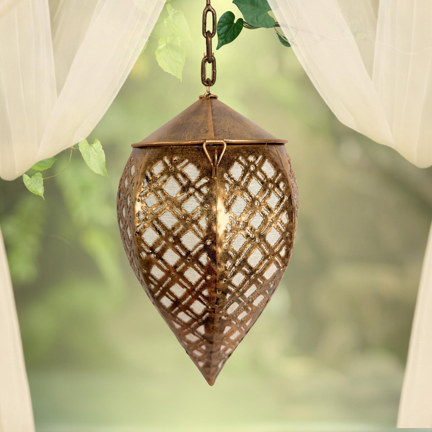 Bohemian Teardrop Metal Lamp, Moroccan Style Lantern, Burnished Gold