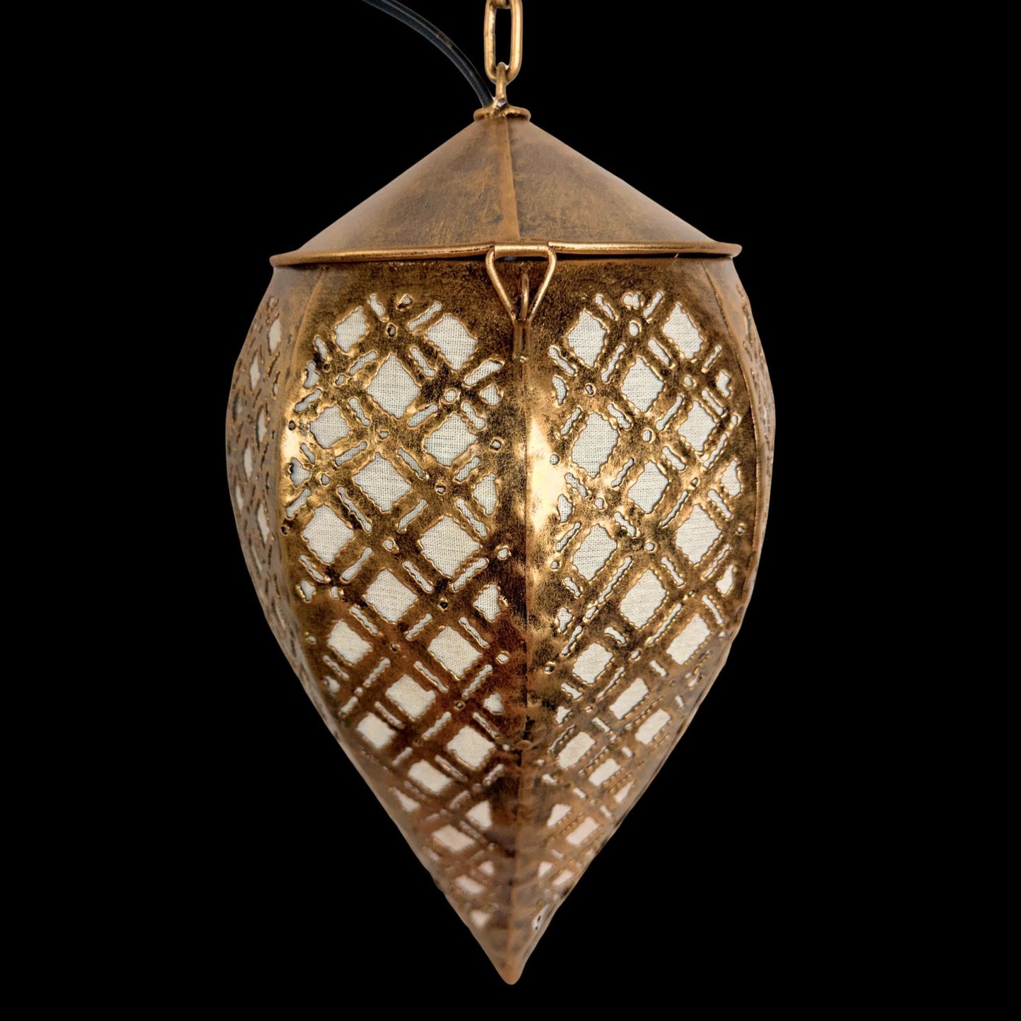 Bohemian Teardrop Metal Lamp, Moroccan Style Lantern, Burnished Gold