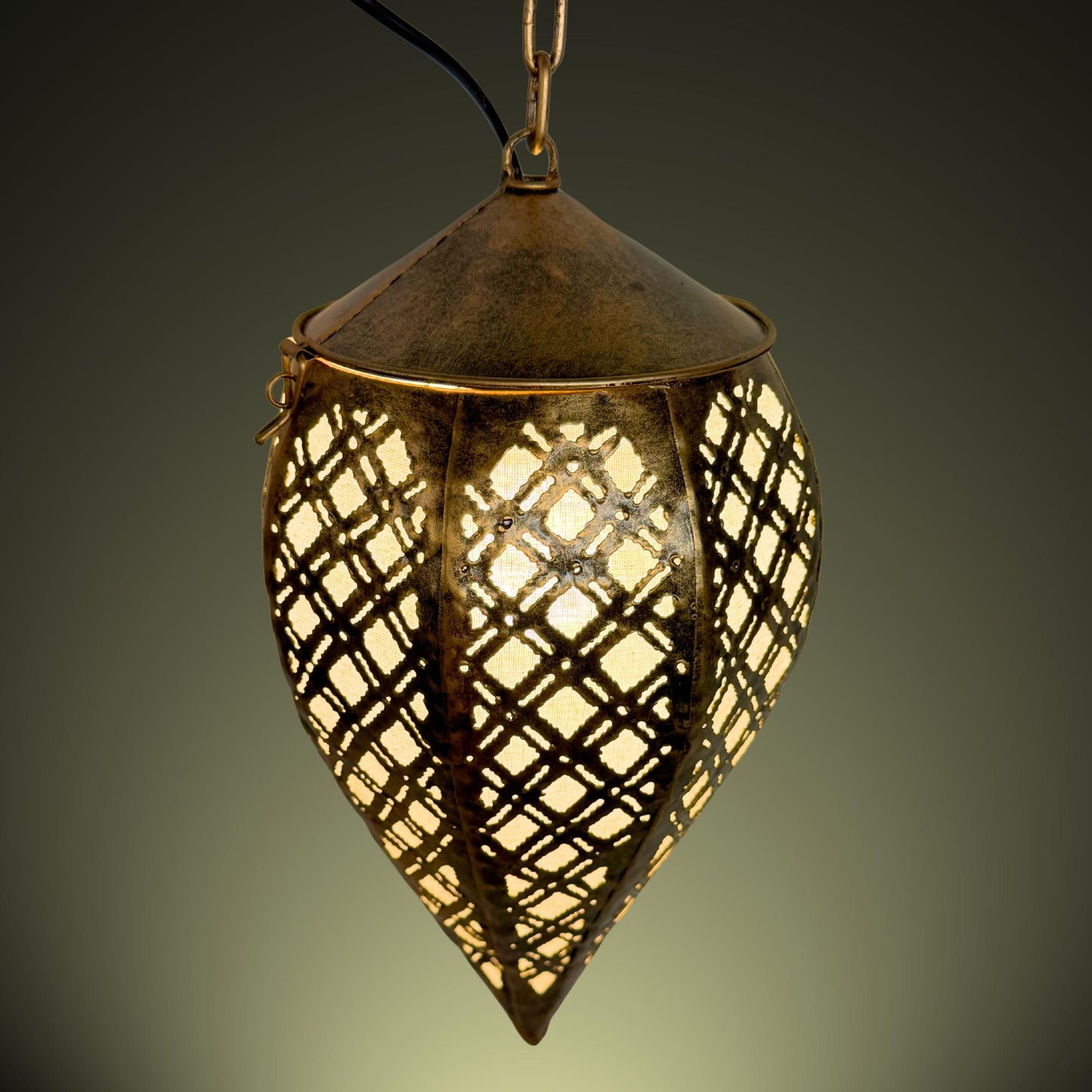 Bohemian Teardrop Metal Lamp, Moroccan Style Lantern, Burnished Gold