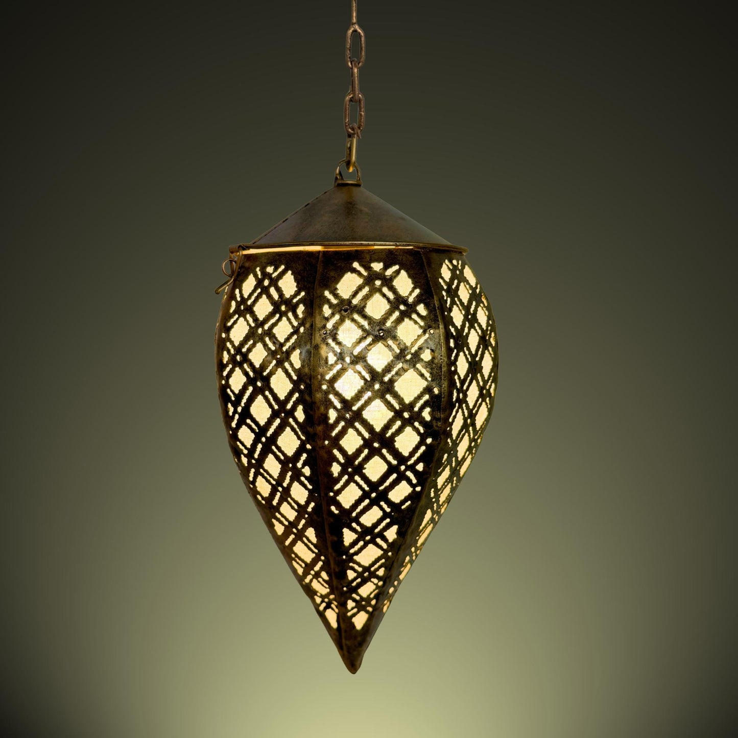 Bohemian Teardrop Metal Lamp, Moroccan Style Lantern, Burnished Gold