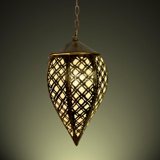 Bohemian Teardrop Metal Lamp, Moroccan Style Lantern, Burnished Gold - Acadia World Traders