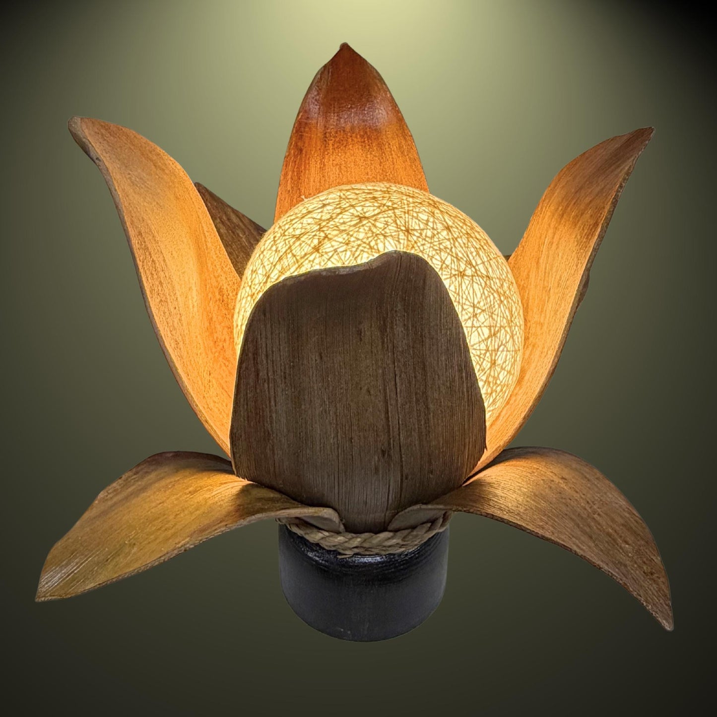 Handmade Palm Frond Lotus Table Lamp: Boho Accent Lighting