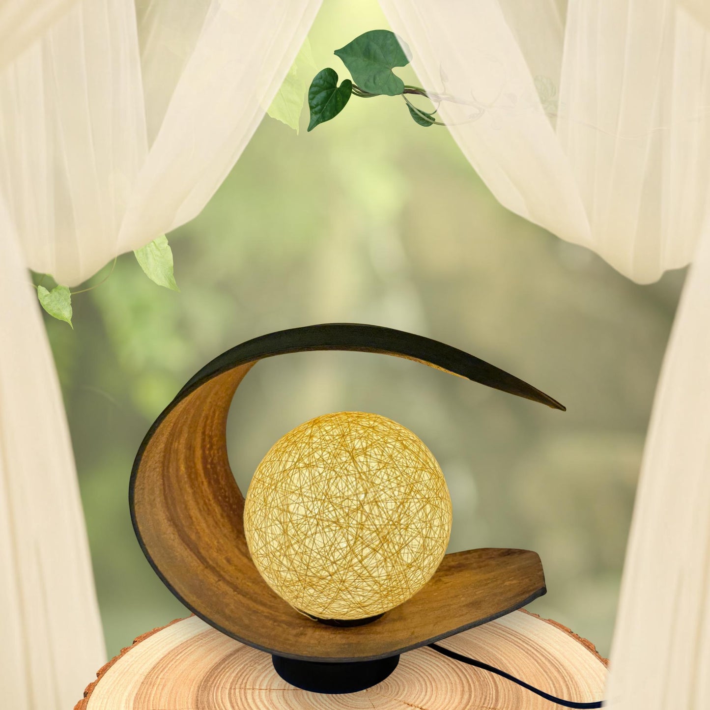 Crescent Moon Palm Frond Accent Lamp: Natural Organic Boho Decor