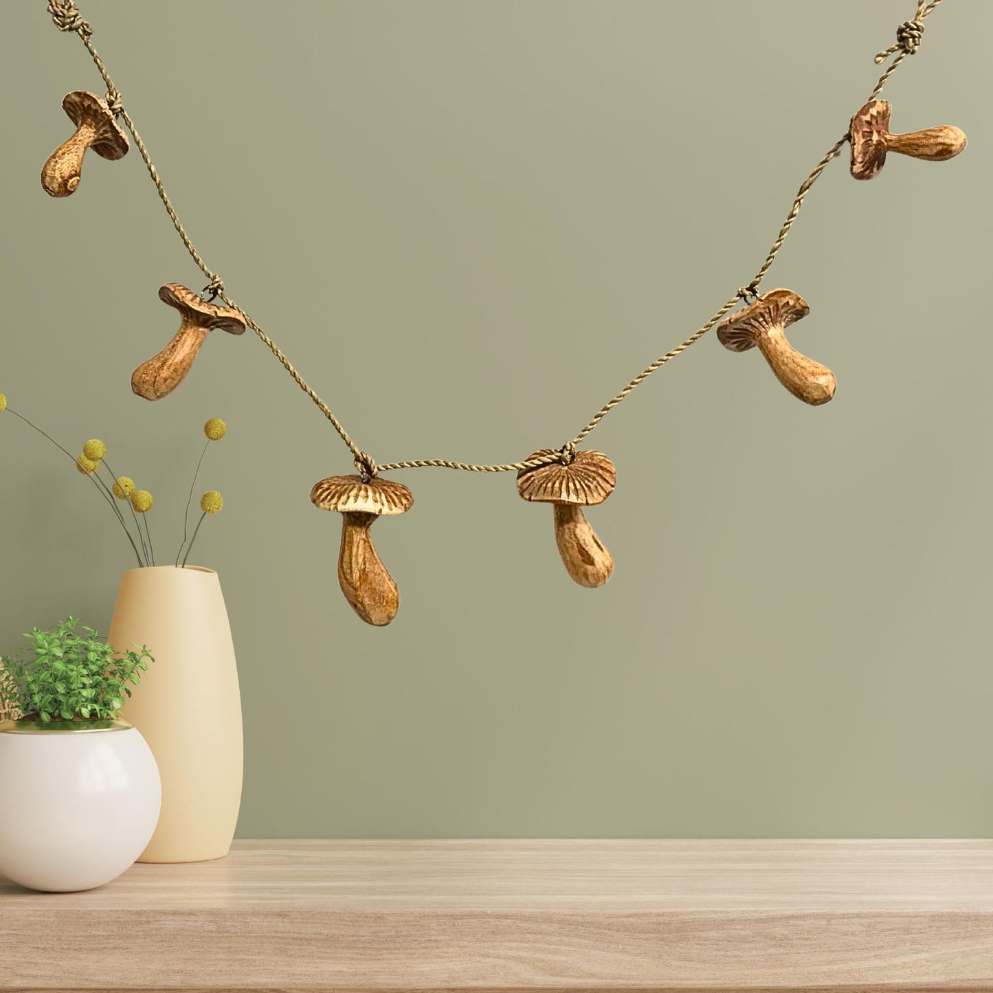 Hand Carved Forest Mushroom Garland : Balinese Fungi Wood Art Wall Decor