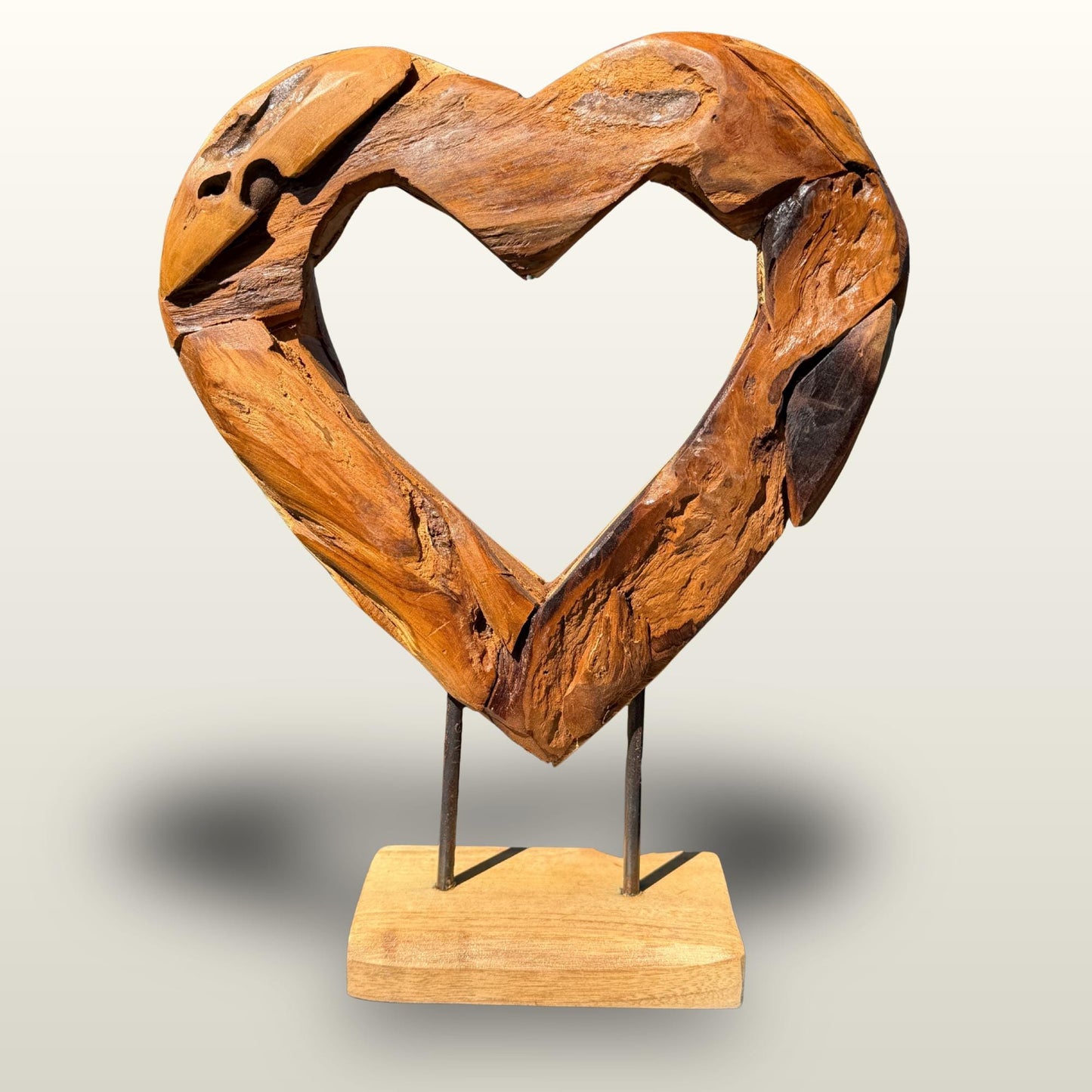Rustic Reclaimed Teak Wood Heart Statue:  Outdoor Garden Decor