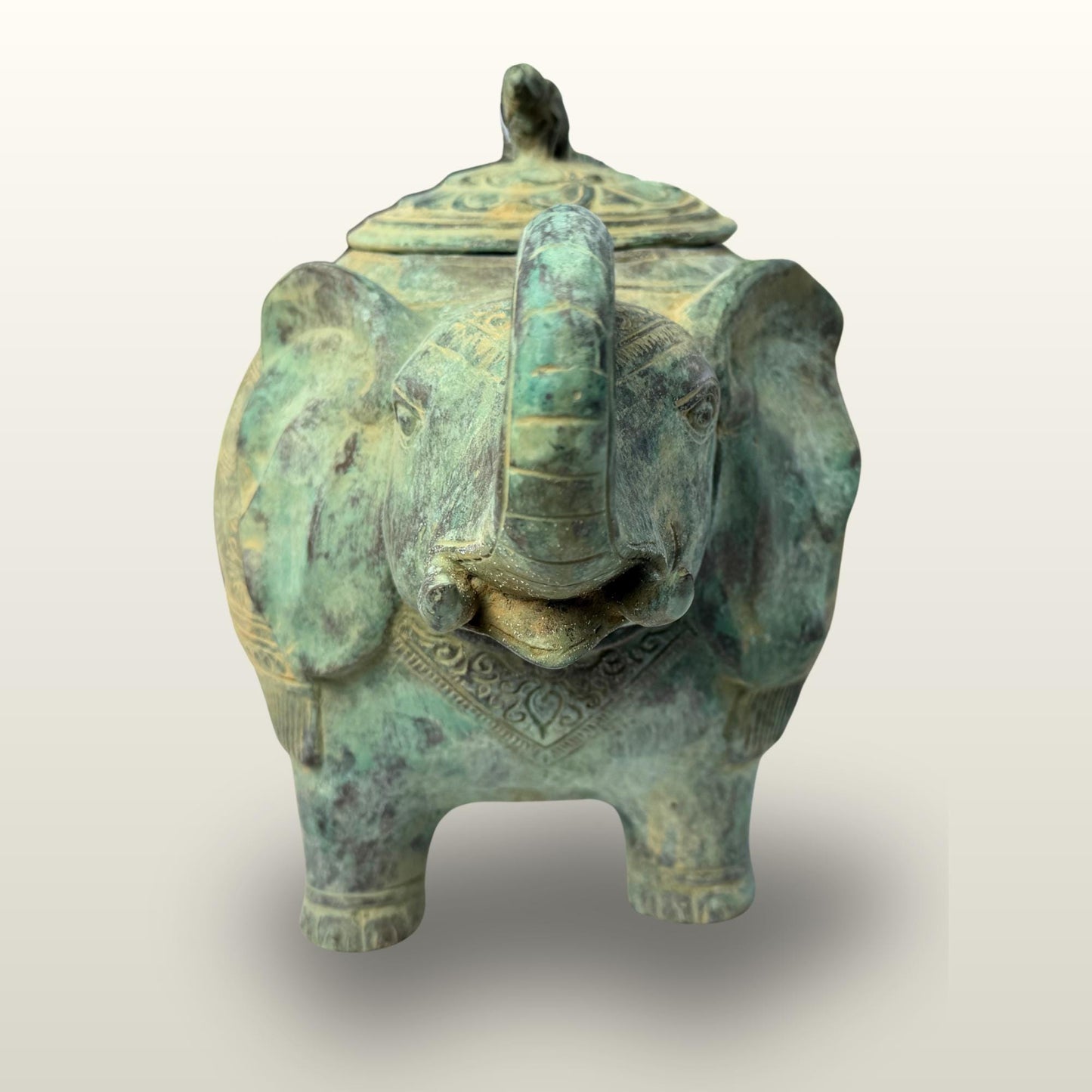Indonesian Bronze Elephant Figure: Betel Nut Medicine Container , Vintage Verdigris Patina Folk Art