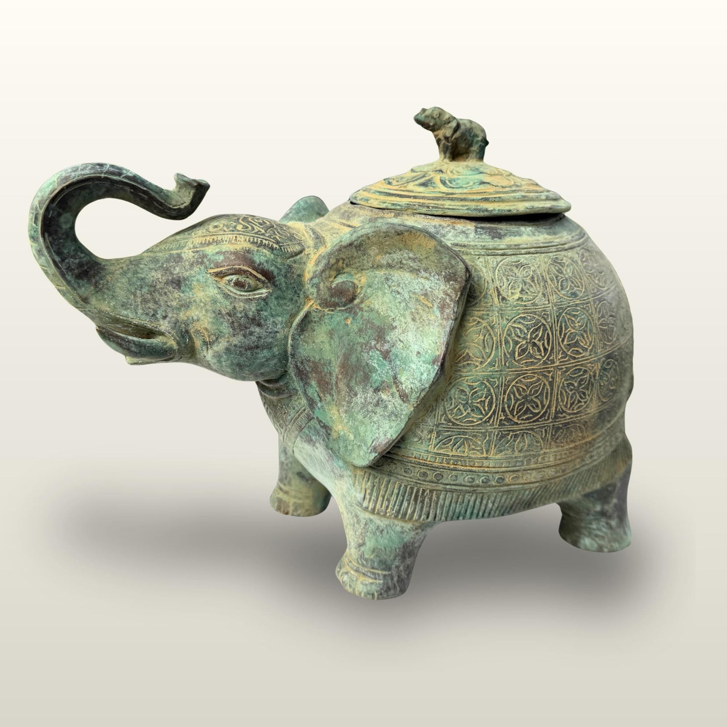 Indonesian Bronze Elephant Figure: Betel Nut Medicine Container , Vintage Verdigris Patina Folk Art