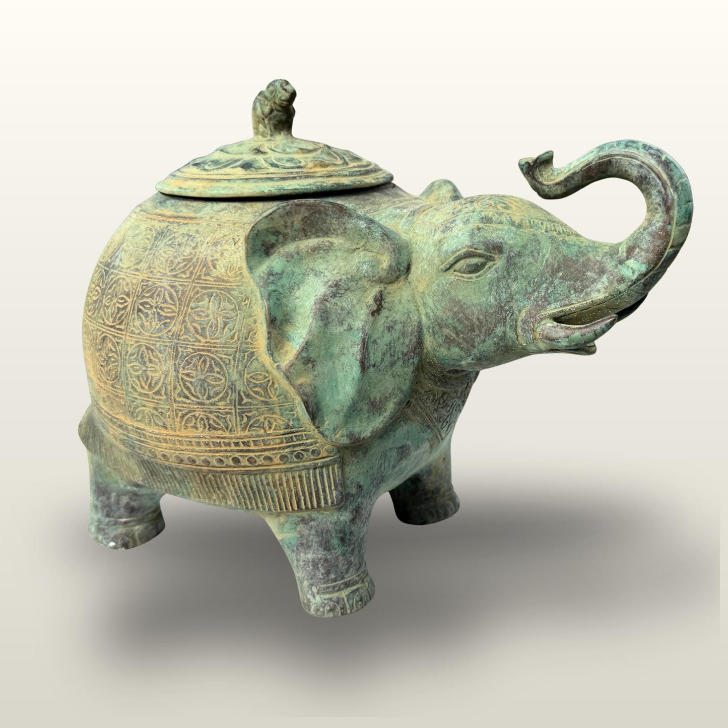 Indonesian Bronze Elephant Figure: Betel Nut Medicine Container , Vintage Verdigris Patina Folk Art