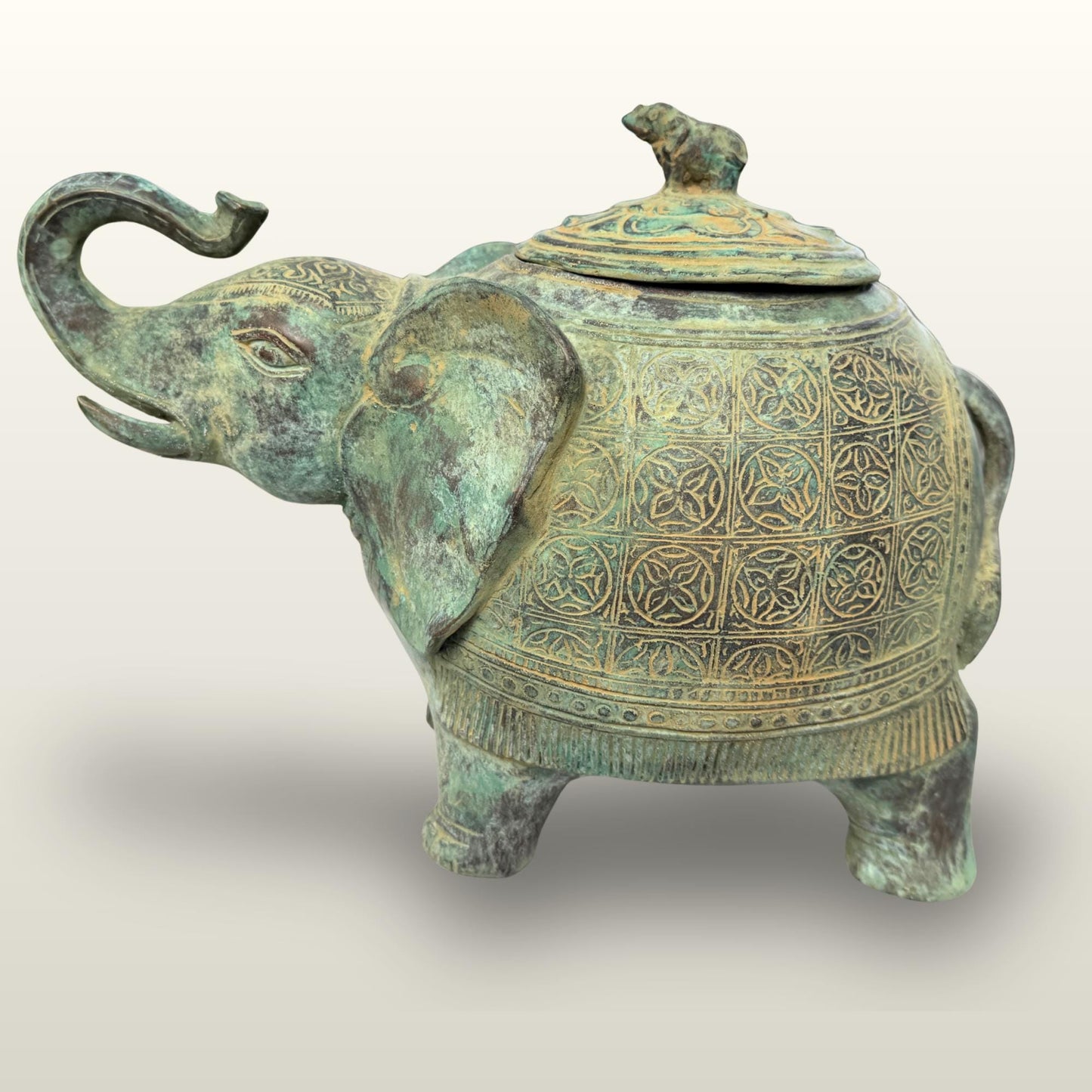 Indonesian Bronze Elephant Figure: Betel Nut Medicine Container , Vintage Verdigris Patina Folk Art