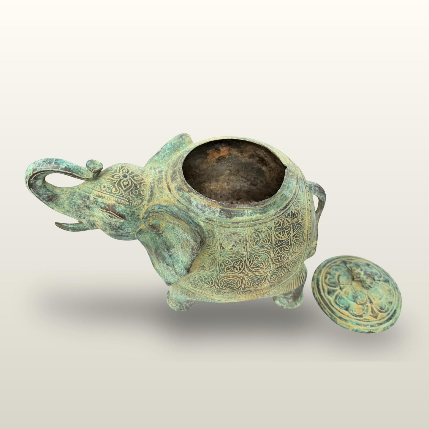 Indonesian Bronze Elephant Figure: Betel Nut Medicine Container , Vintage Verdigris Patina Folk Art