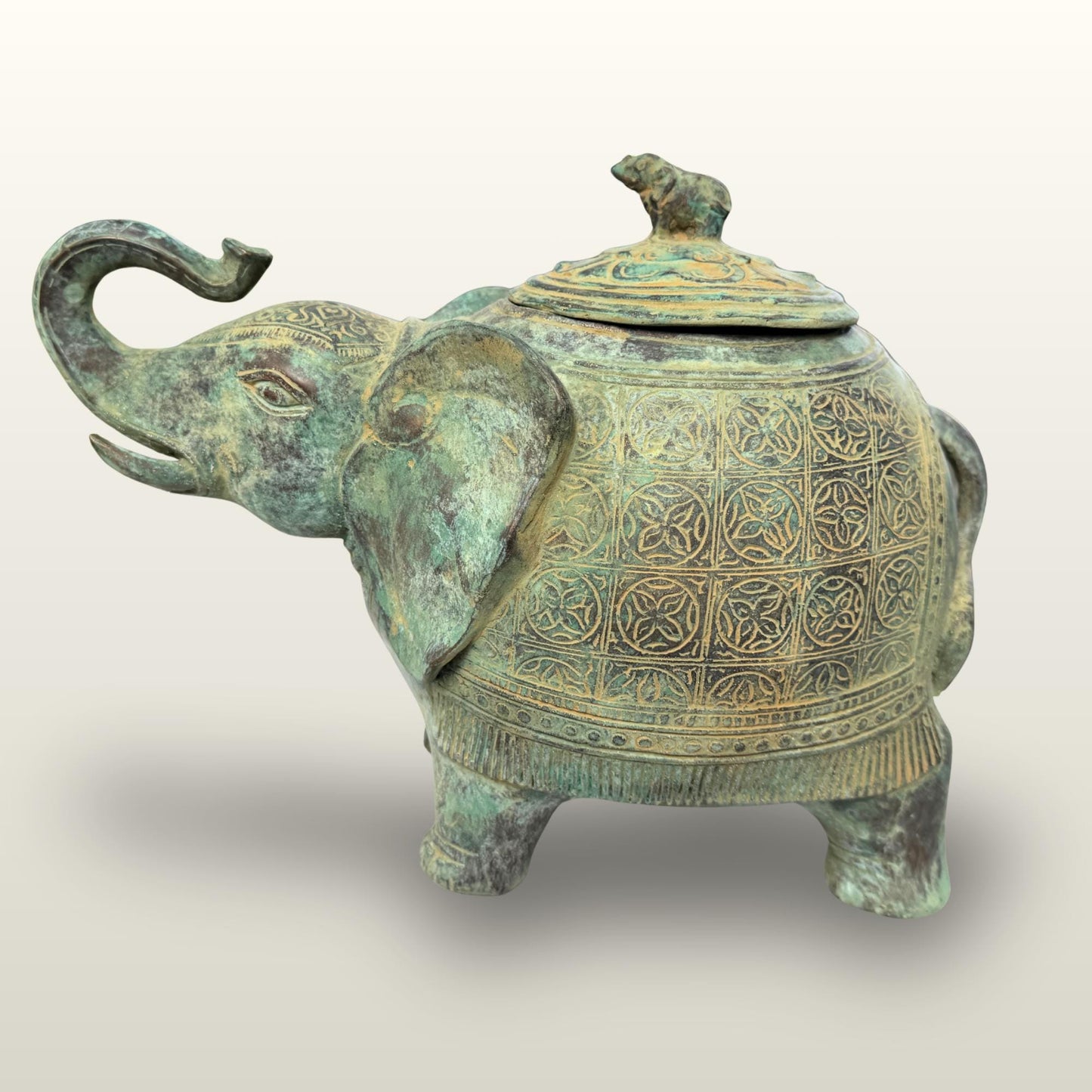 Indonesian Bronze Elephant Figure: Betel Nut Medicine Container , Vintage Verdigris Patina Folk Art
