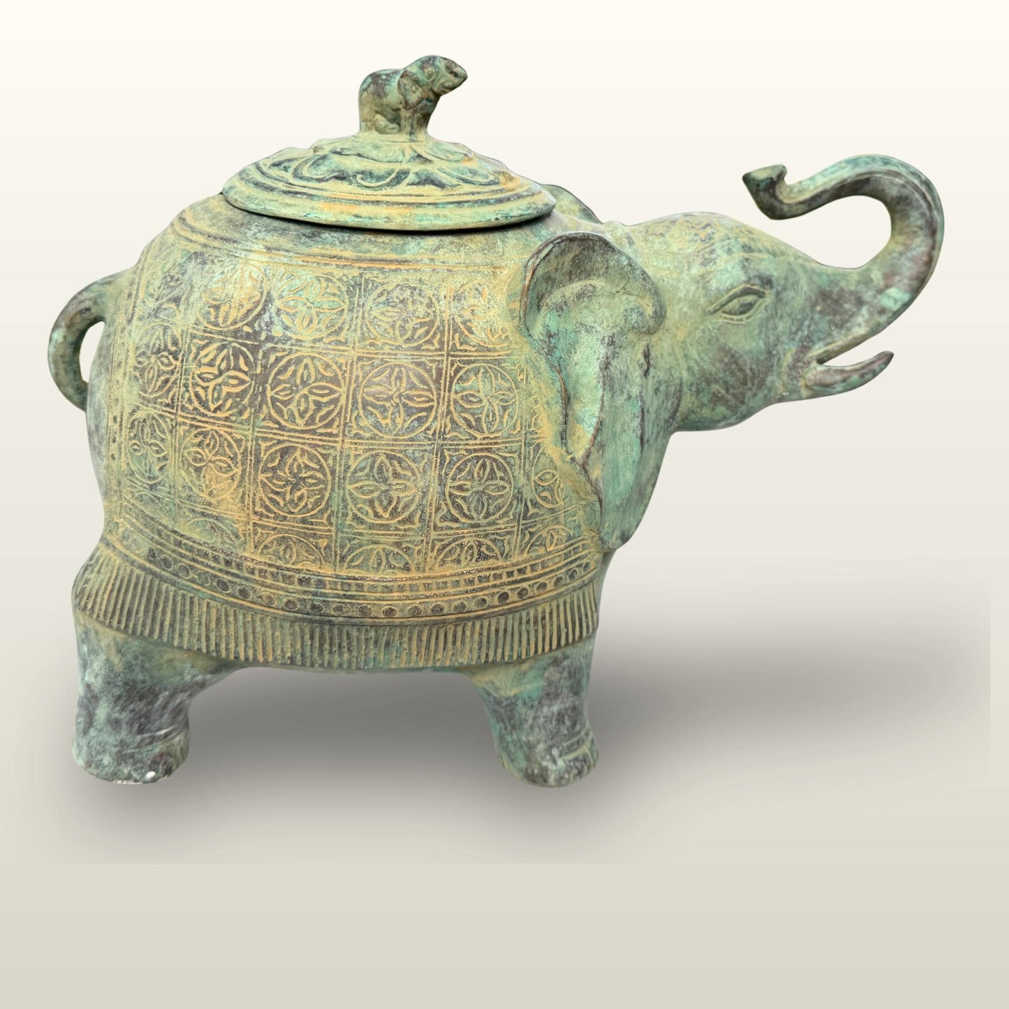 Indonesian Bronze Elephant Figure: Betel Nut Medicine Container , Vintage Verdigris Patina Folk Art