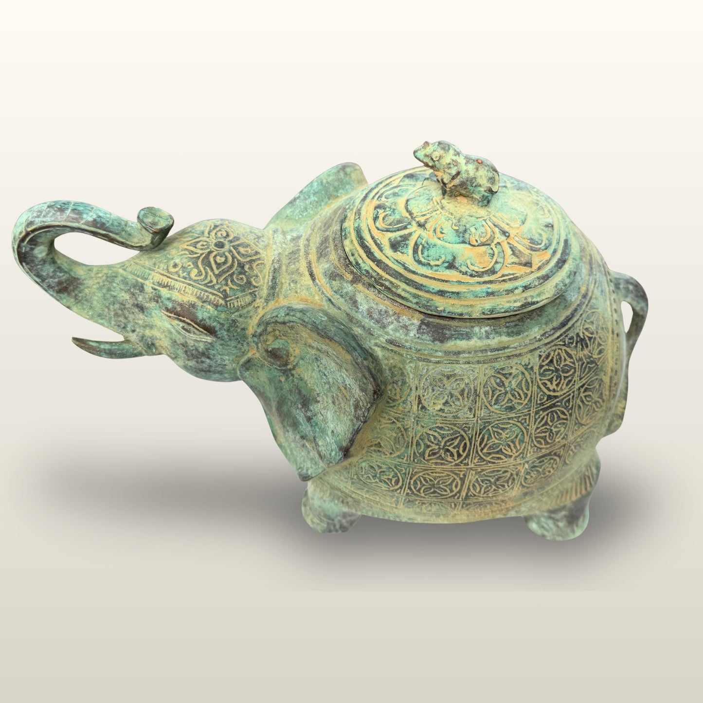 Indonesian Bronze Elephant Figure: Betel Nut Medicine Container , Vintage Verdigris Patina Folk Art