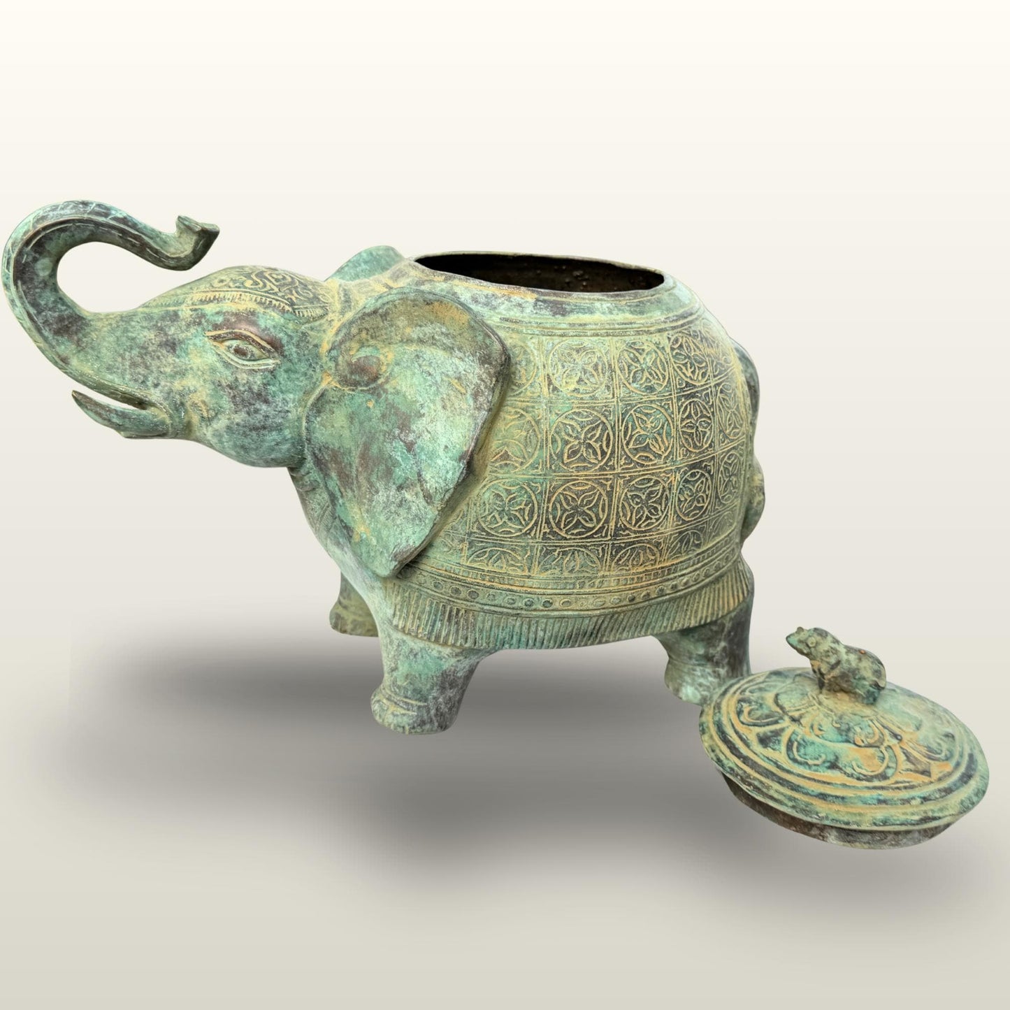 Indonesian Bronze Elephant Figure: Betel Nut Medicine Container , Vintage Verdigris Patina Folk Art