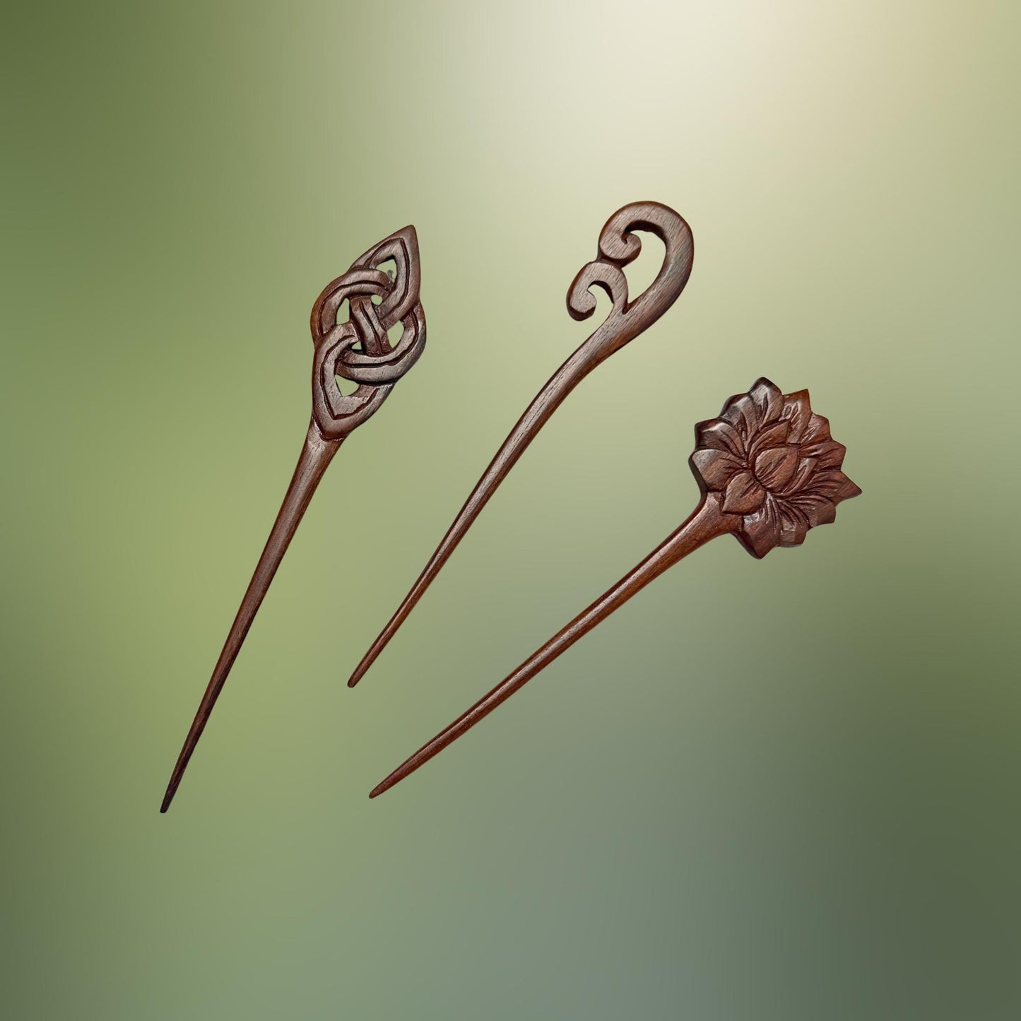 Carved Wooden Hair Pick Stick;  Balinese Wood Hair Jewelry, Lotus, Celtic Knot, Fern Tip