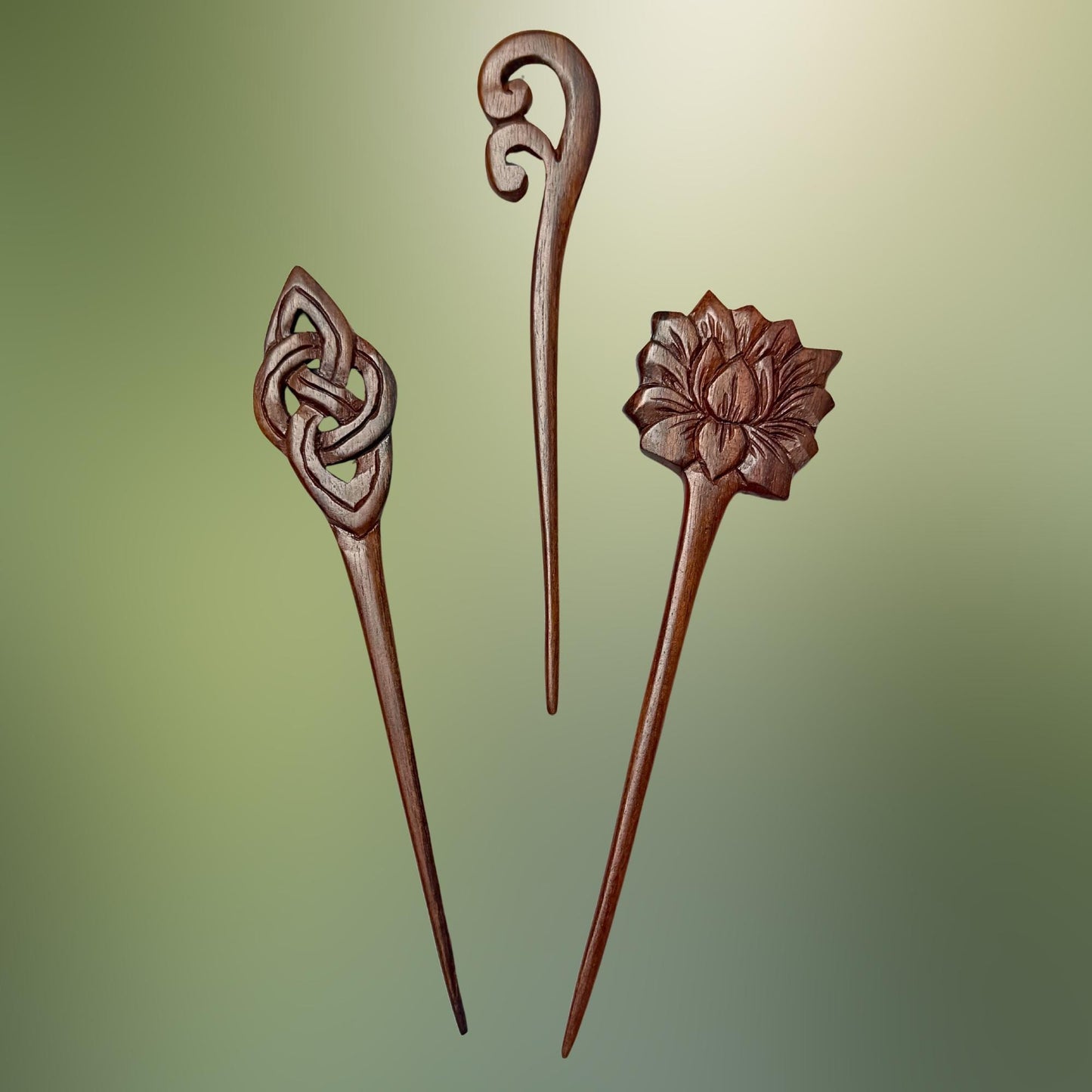 Carved Wooden Hair Pick Stick;  Balinese Wood Hair Jewelry, Lotus, Celtic Knot, Fern Tip