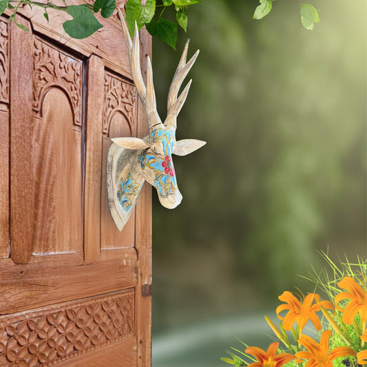 Whimsical Carved Wooden Deer Stag Head: Vegan Faux Taxidermy Wall Mount, lodge Farmhouse decor - Acadia World Traders