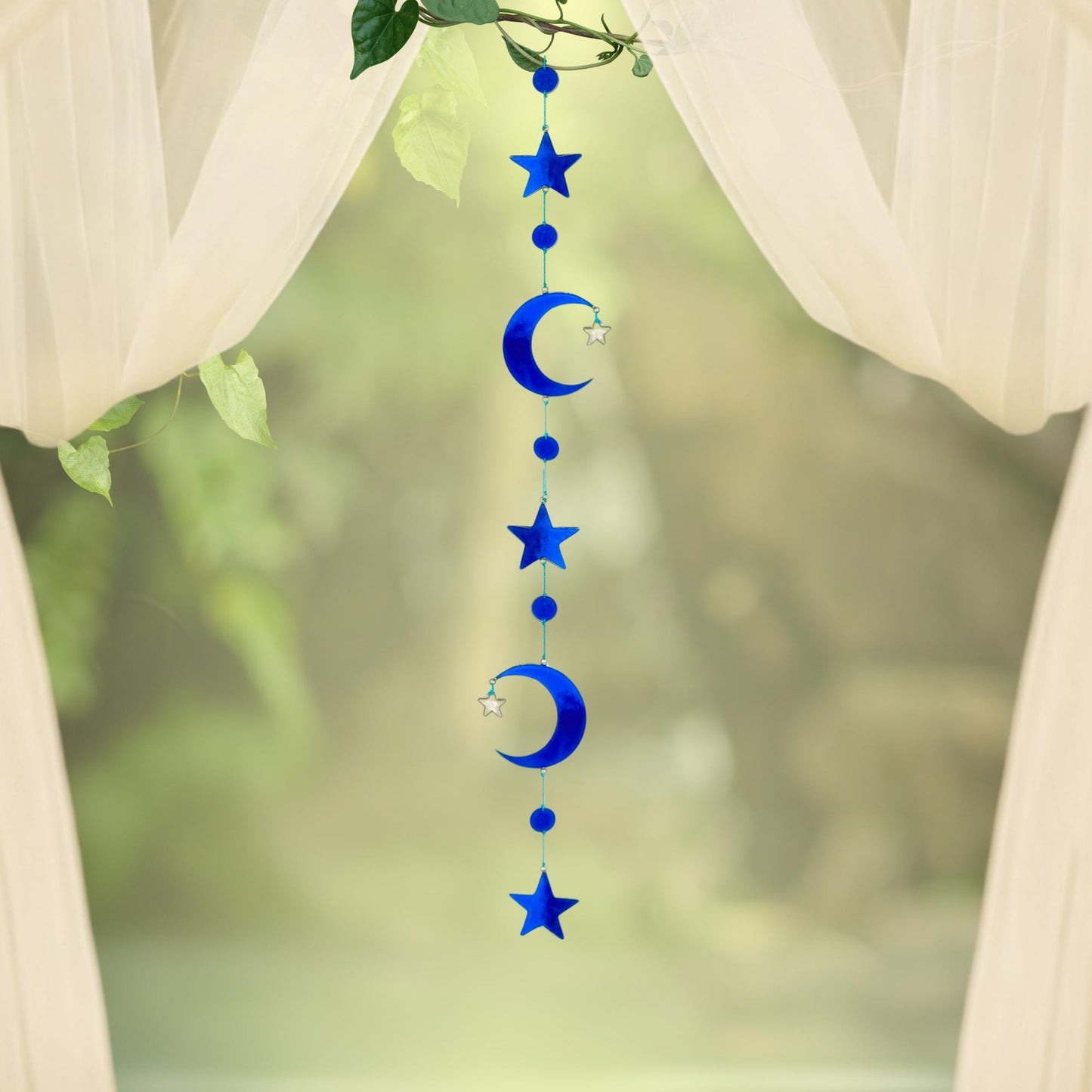 Celestial Moon & Stars  Sun Catcher Hanging Mobile : Whimsical Blue Crescent Moon decor