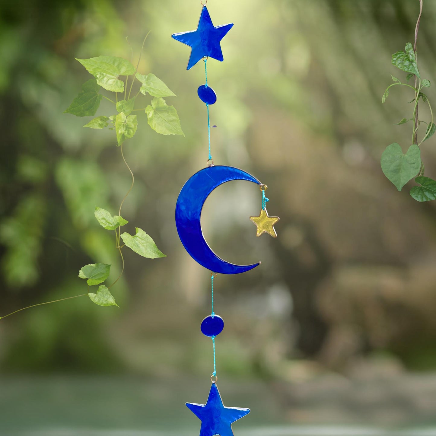 Celestial Moon & Stars  Sun Catcher Hanging Mobile : Whimsical Blue Crescent Moon decor