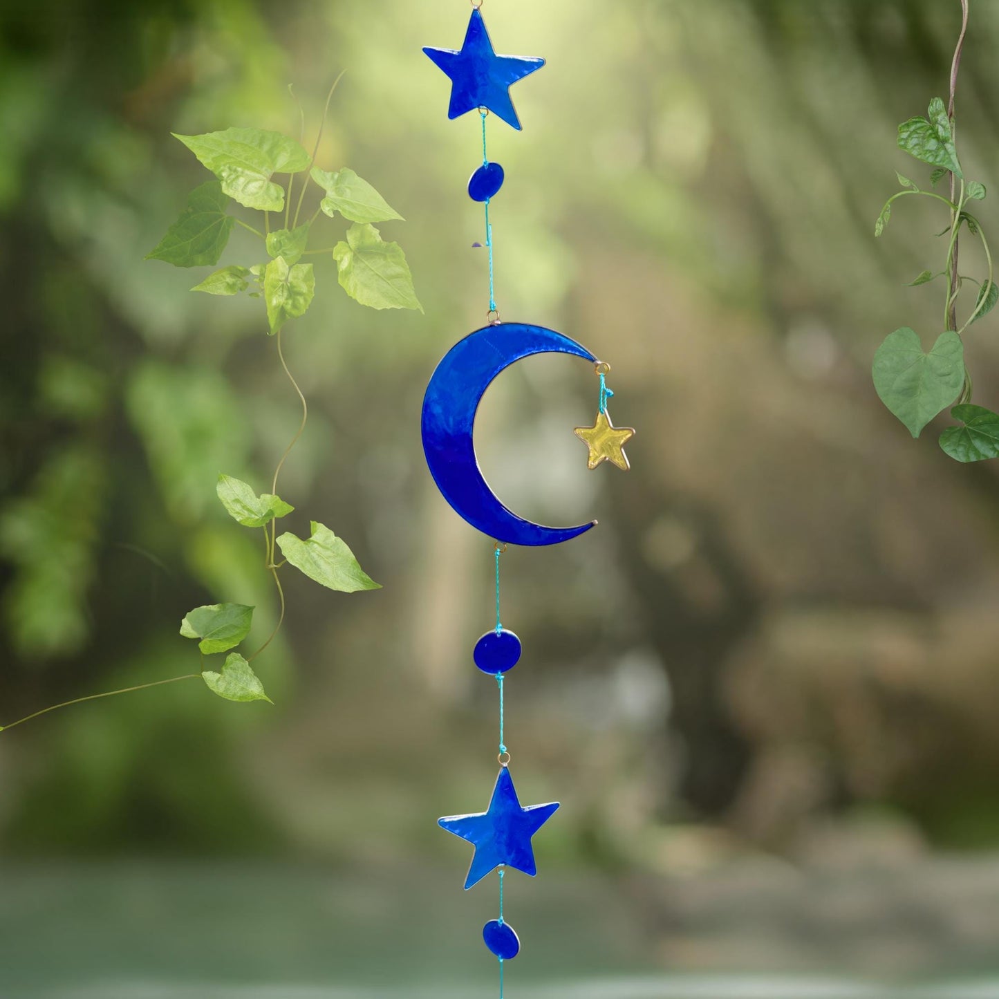 Celestial Moon & Stars  Sun Catcher Hanging Mobile : Whimsical Blue Crescent Moon decor