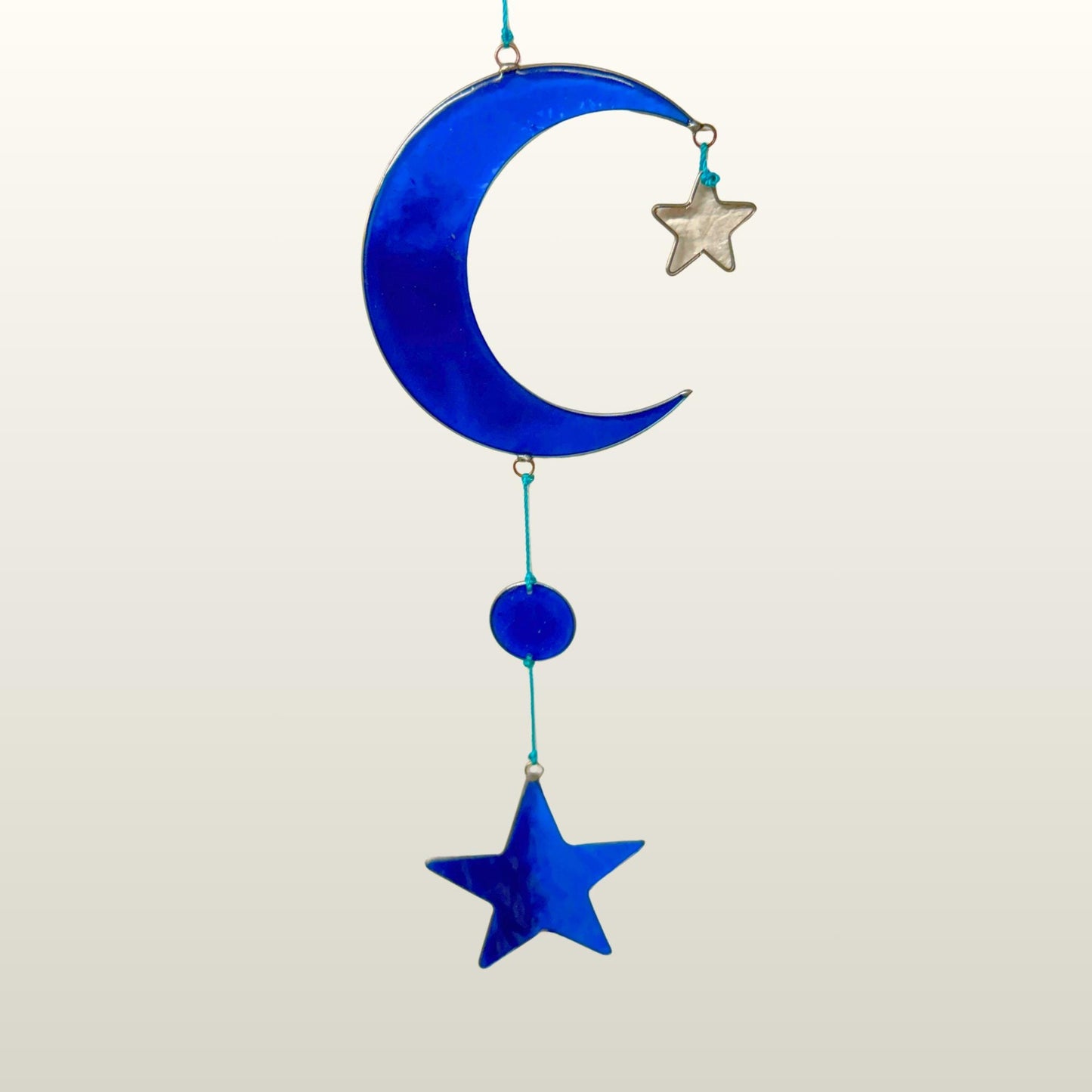 Celestial Moon & Stars  Sun Catcher Hanging Mobile : Whimsical Blue Crescent Moon decor