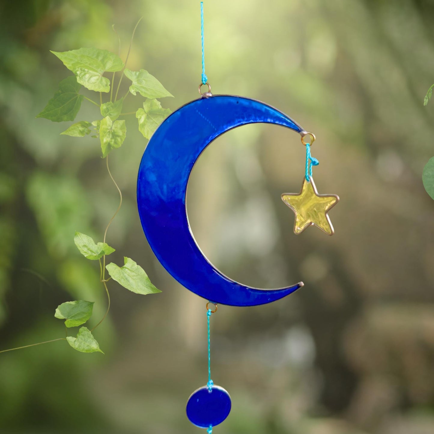 Celestial Moon & Stars  Sun Catcher Hanging Mobile : Whimsical Blue Crescent Moon decor