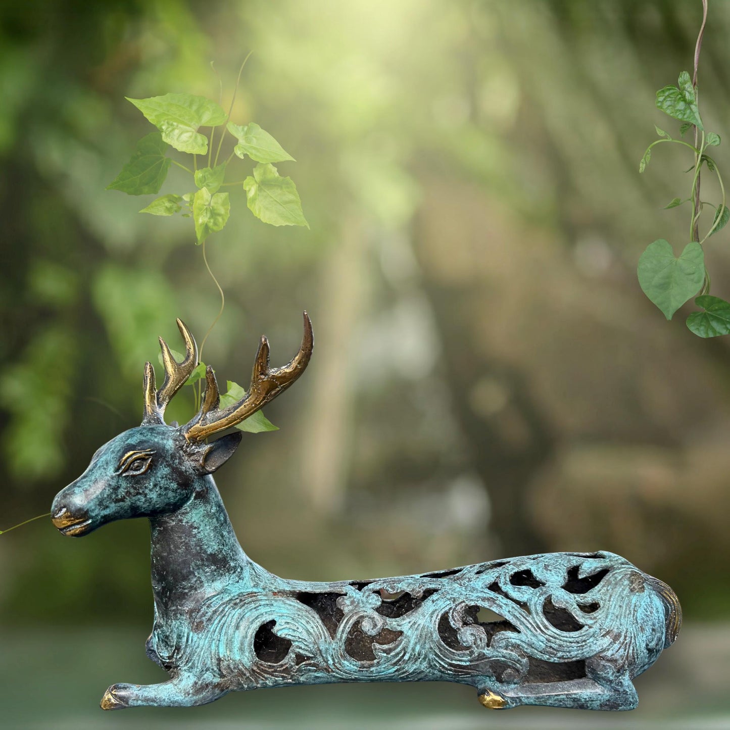 Stylized Bronze Deer Stag Sculpture - Balinese Art lost wax Cast Statue