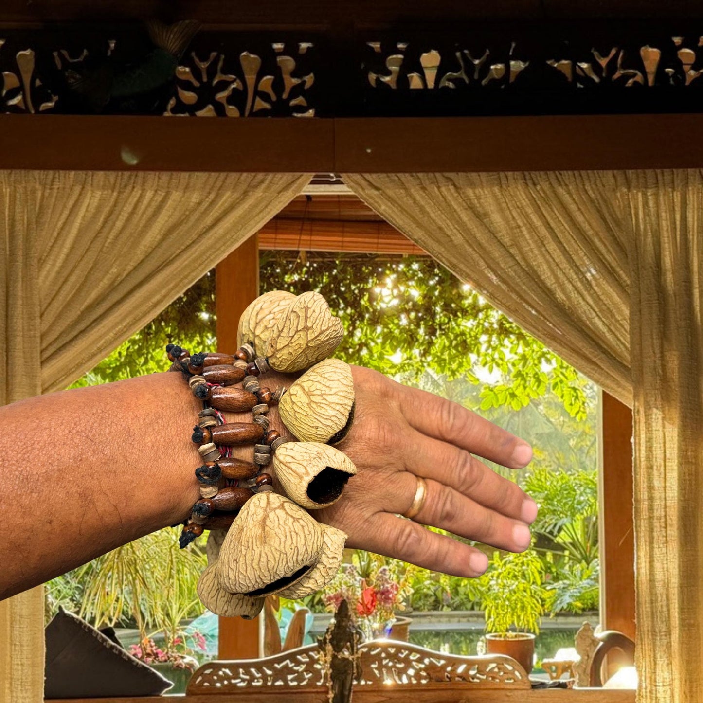 Pangi Nut Percussion Bracelet Rattle,  Natural Keluwak Seed Shaker - Sound Healing Bell