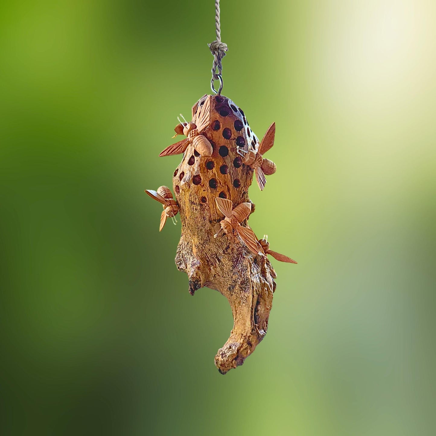 Honey Bee Honeycomb Carved Hanging Mobile - Balinese Parasite Mushroom Wood Honeybee Carving