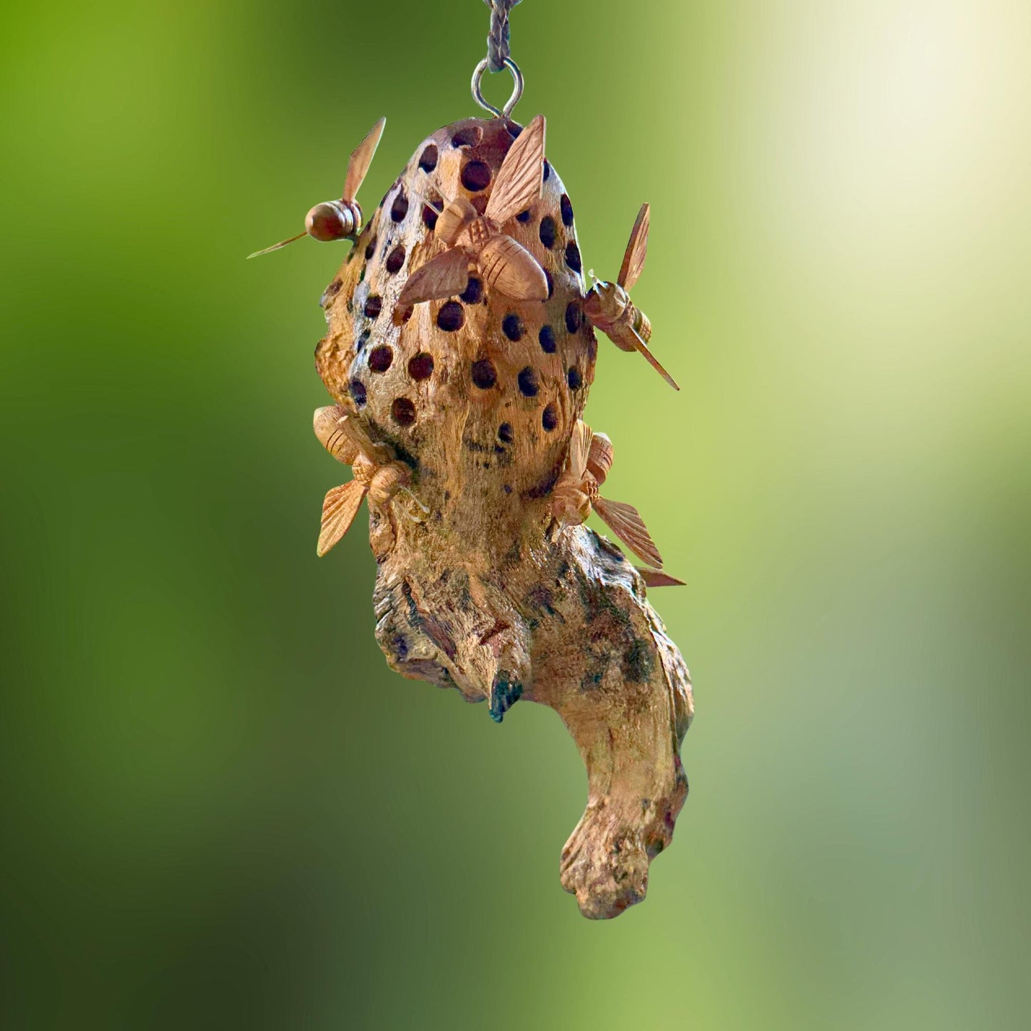 Honey Bee Honeycomb Carved Hanging Mobile - Balinese Parasite Mushroom Wood Honeybee Carving
