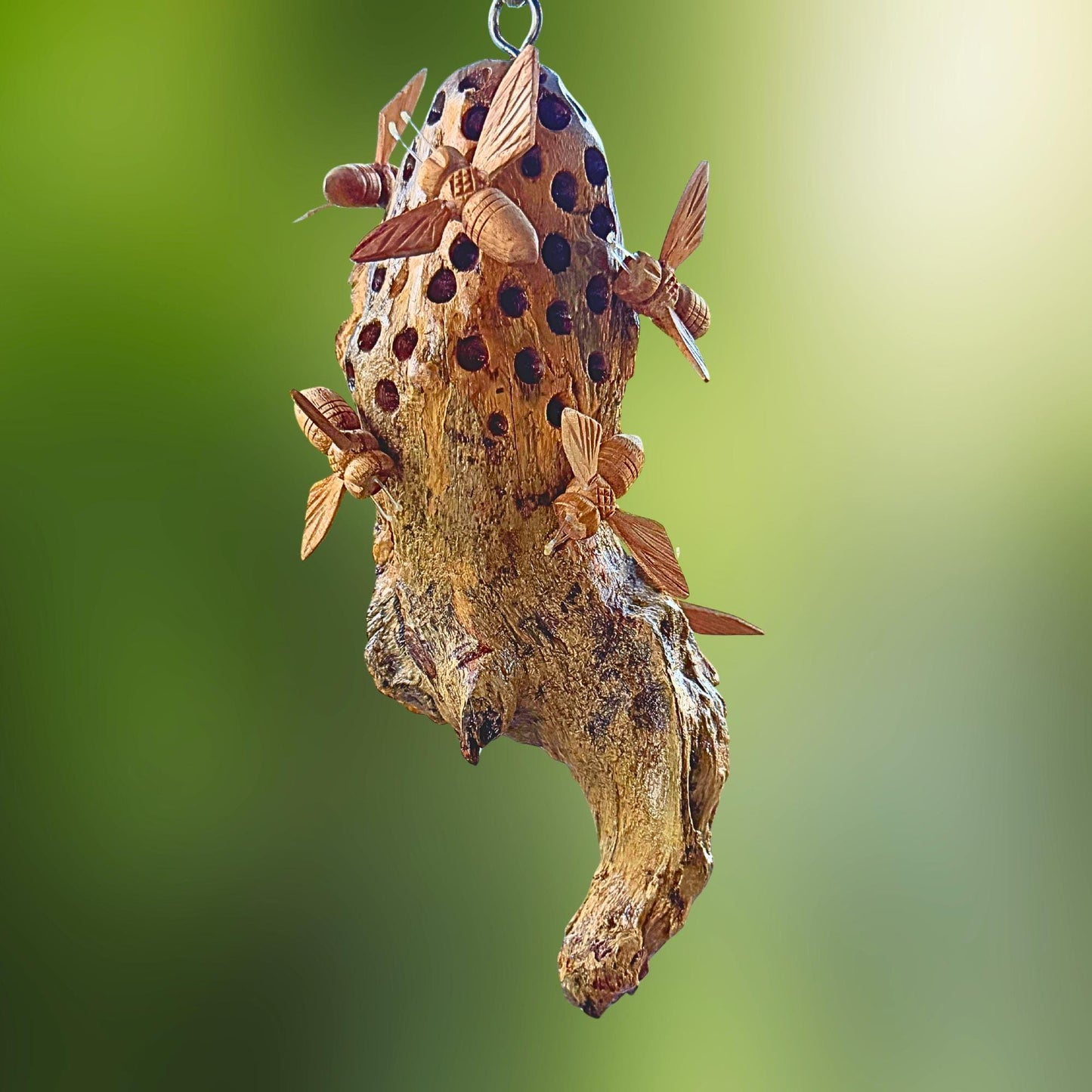 Honey Bee Honeycomb Carved Hanging Mobile - Balinese Parasite Mushroom Wood Honeybee Carving
