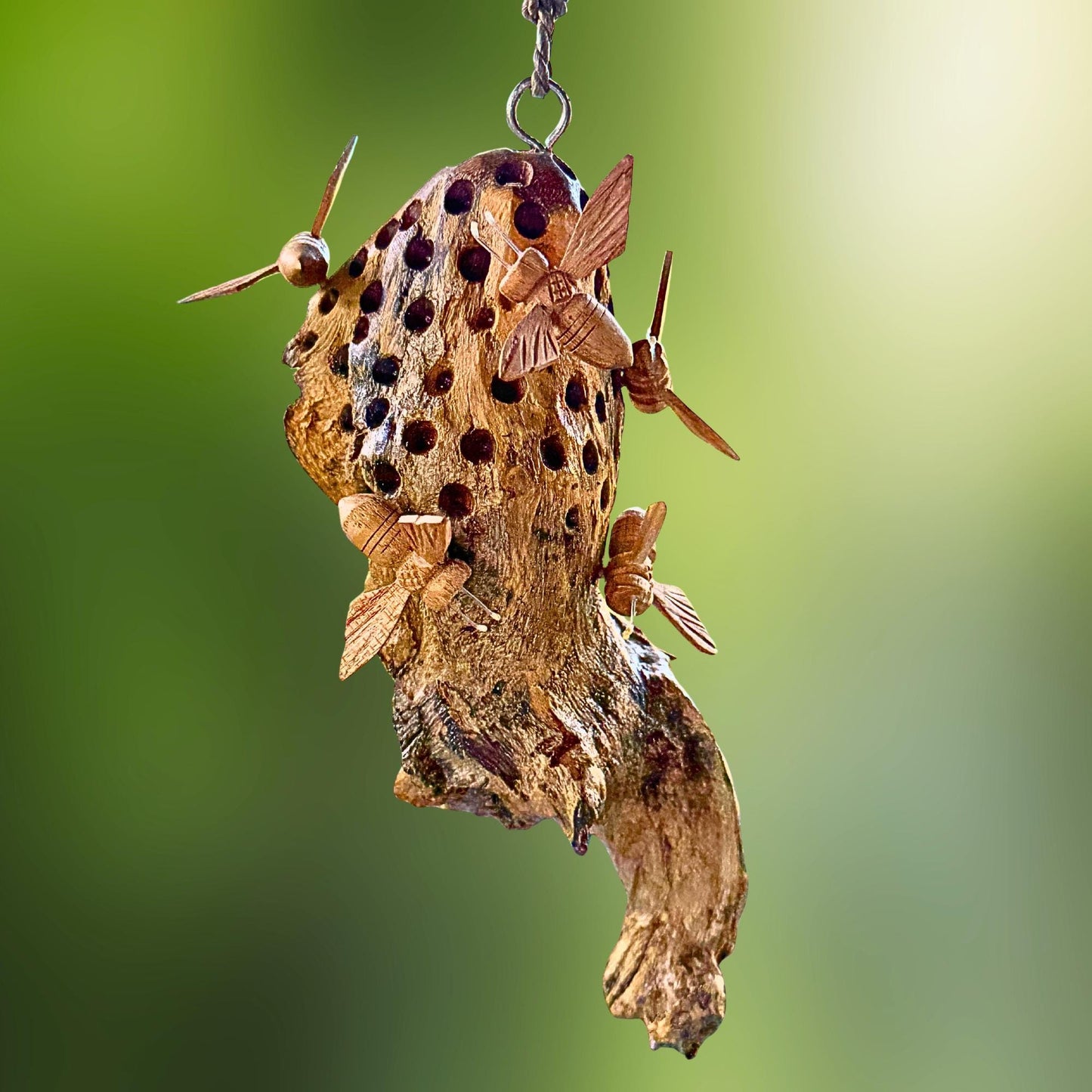 Honey Bee Honeycomb Carved Hanging Mobile - Balinese Parasite Mushroom Wood Honeybee Carving